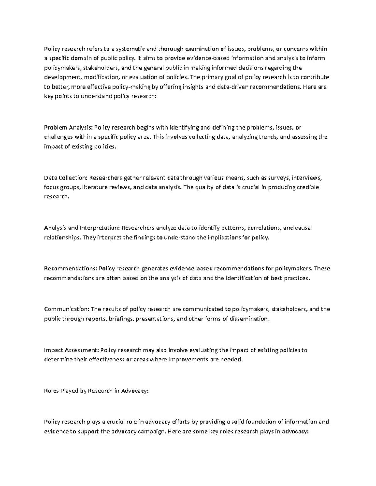 Policy research notes - conceptional - Policy research refers to a ...