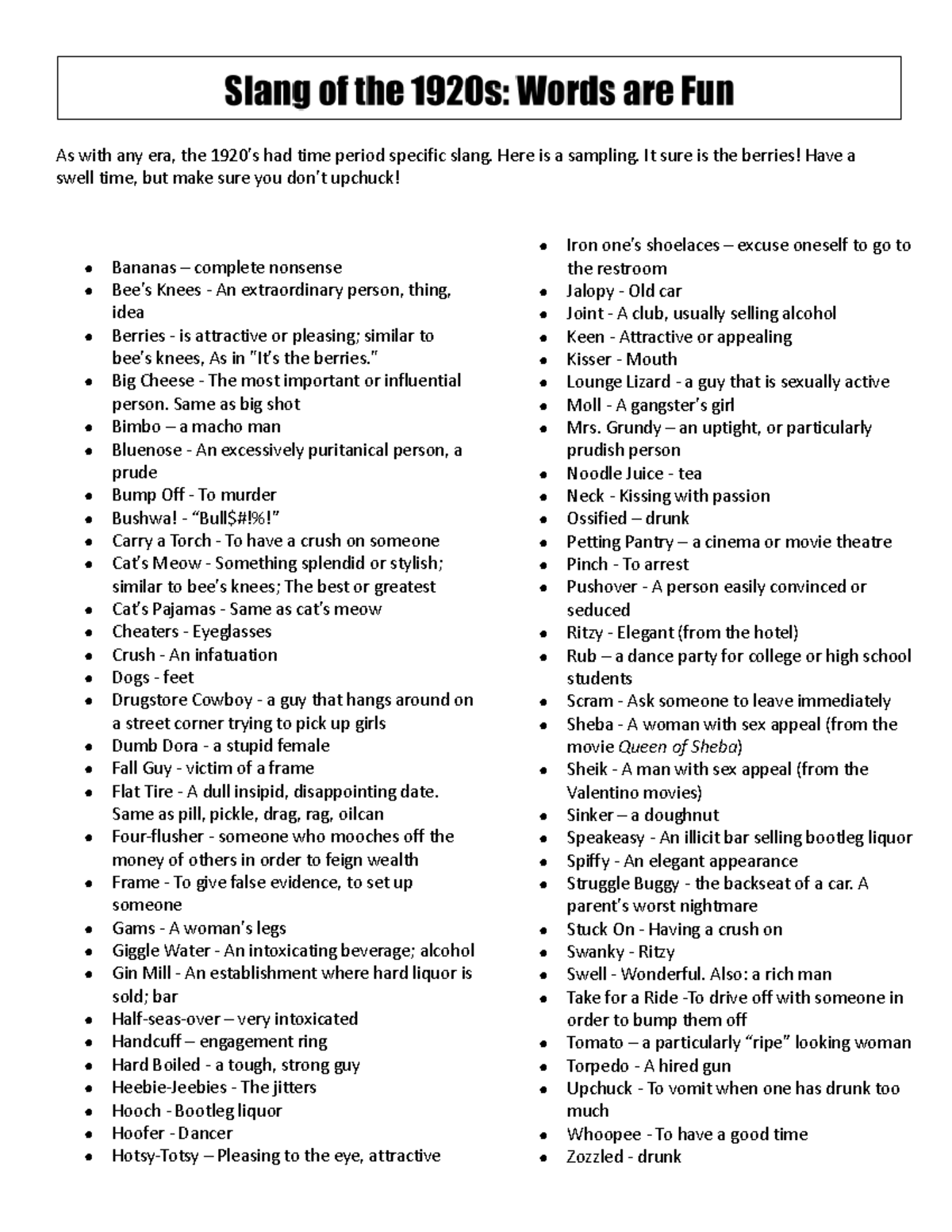 Slang of the 1920s - Notes - As with any era, the 1920's had time ...