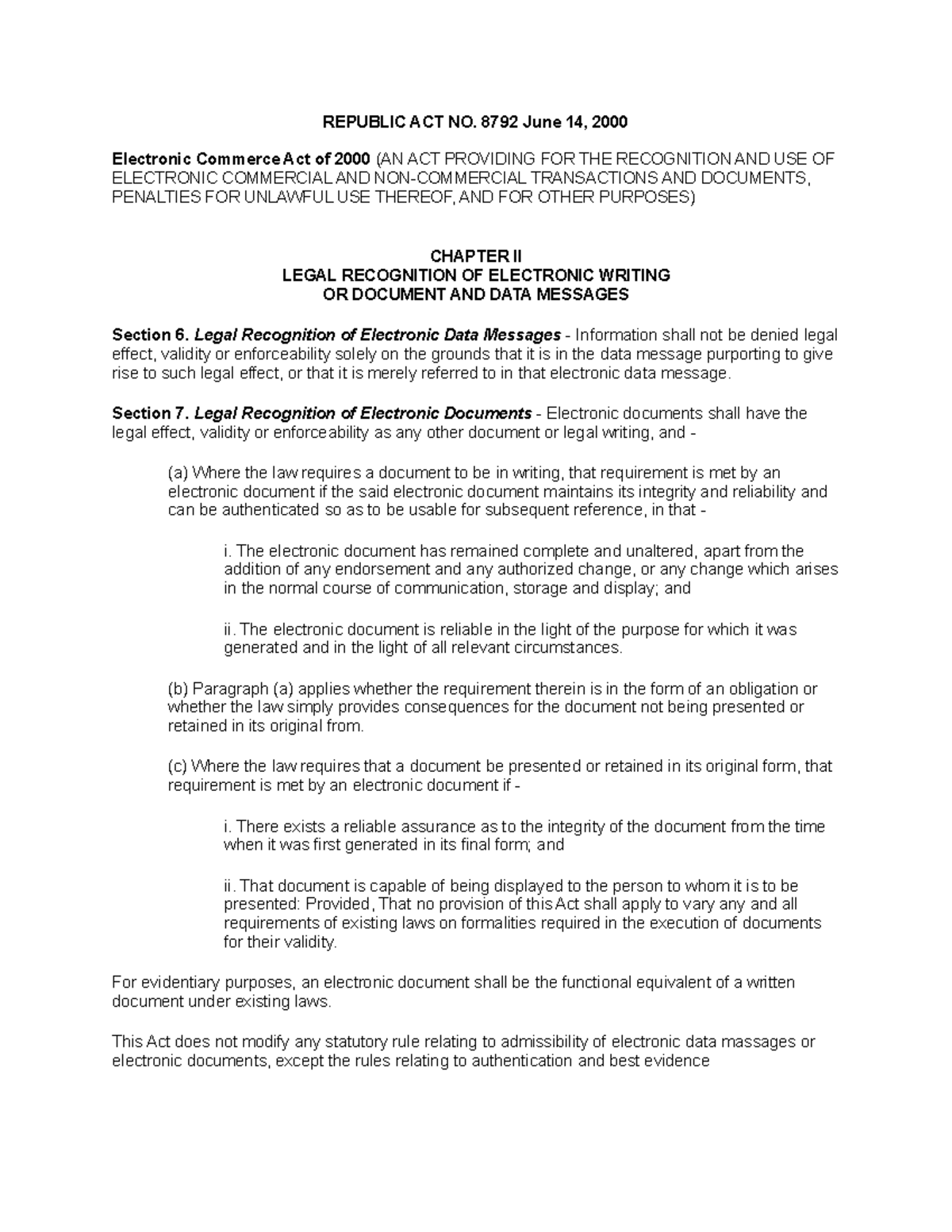 E-commerce act of the Philippines (OBLICON) - REPUBLIC ACT NO. 8792 ...