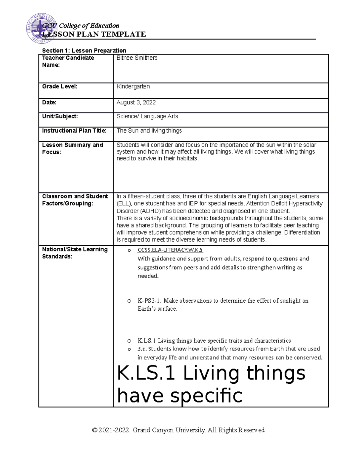 460wk5 FIELD EXPERIENCE LESSON PLAN TEMPLATE Section 1 Lesson