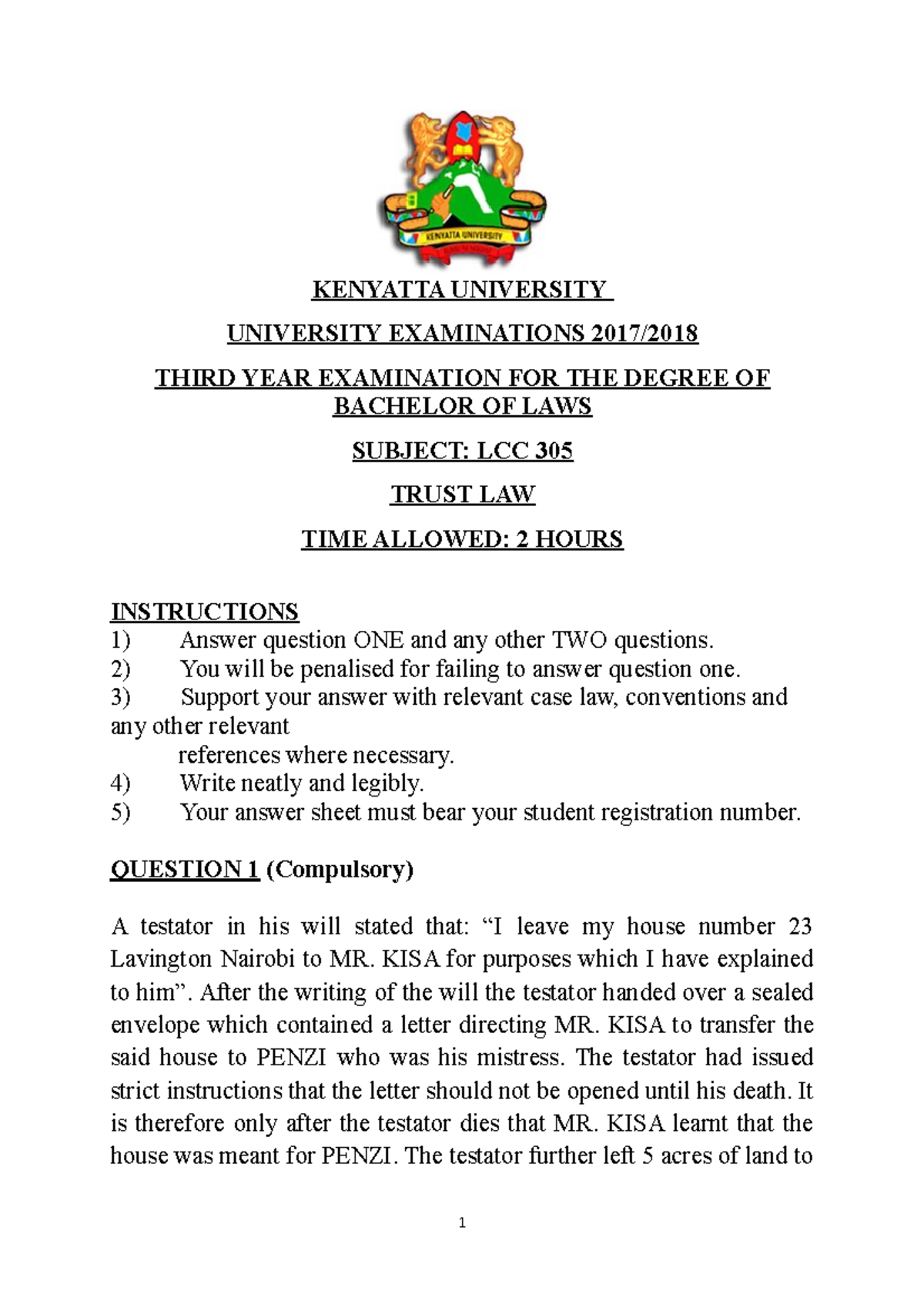 The Law of Trust KENYATTA UNIVERSITY UNIVERSITY EXAMINATIONS 2017