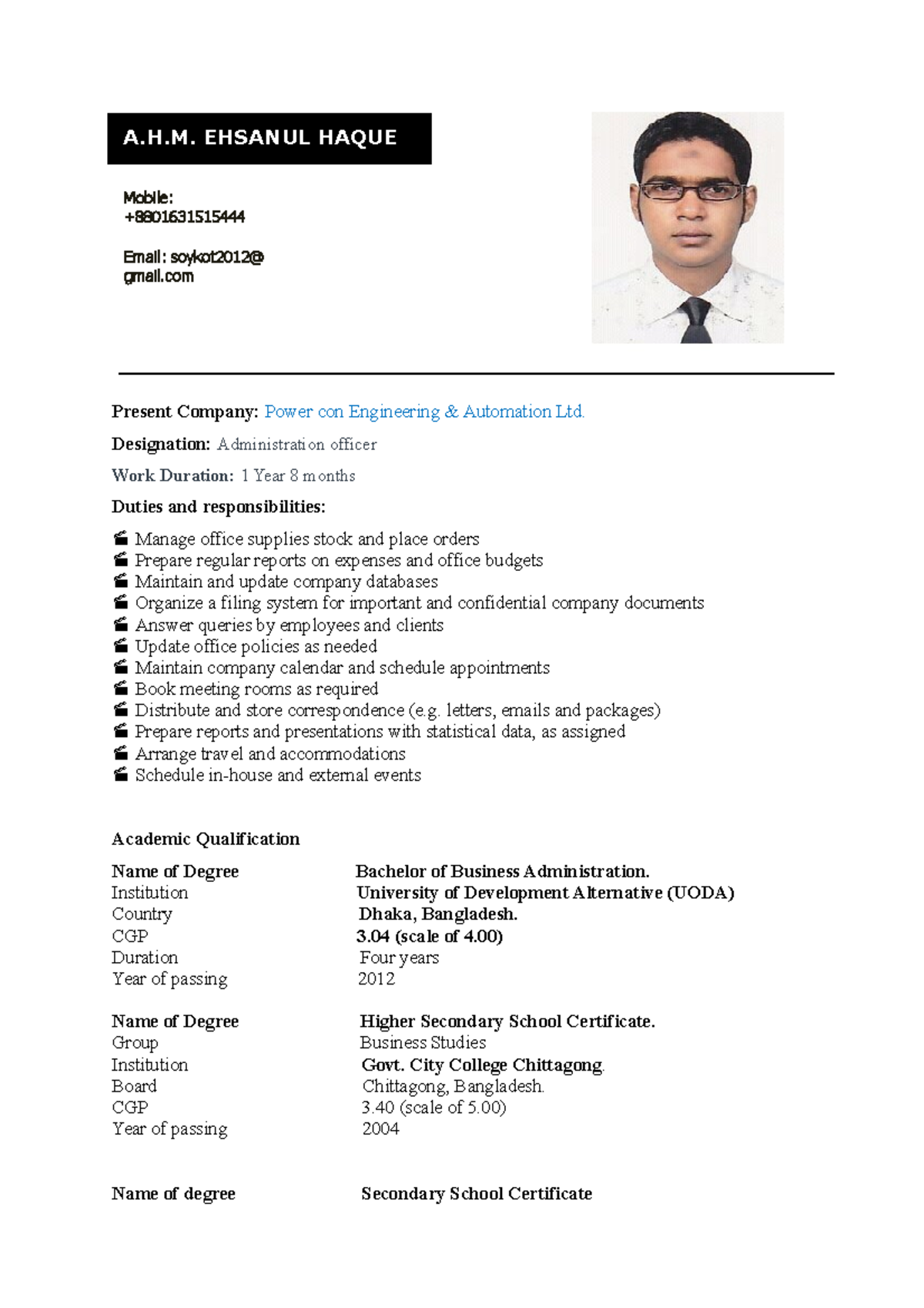 CV - yup - Present Company: Power con Engineering & Automation Ltd ...