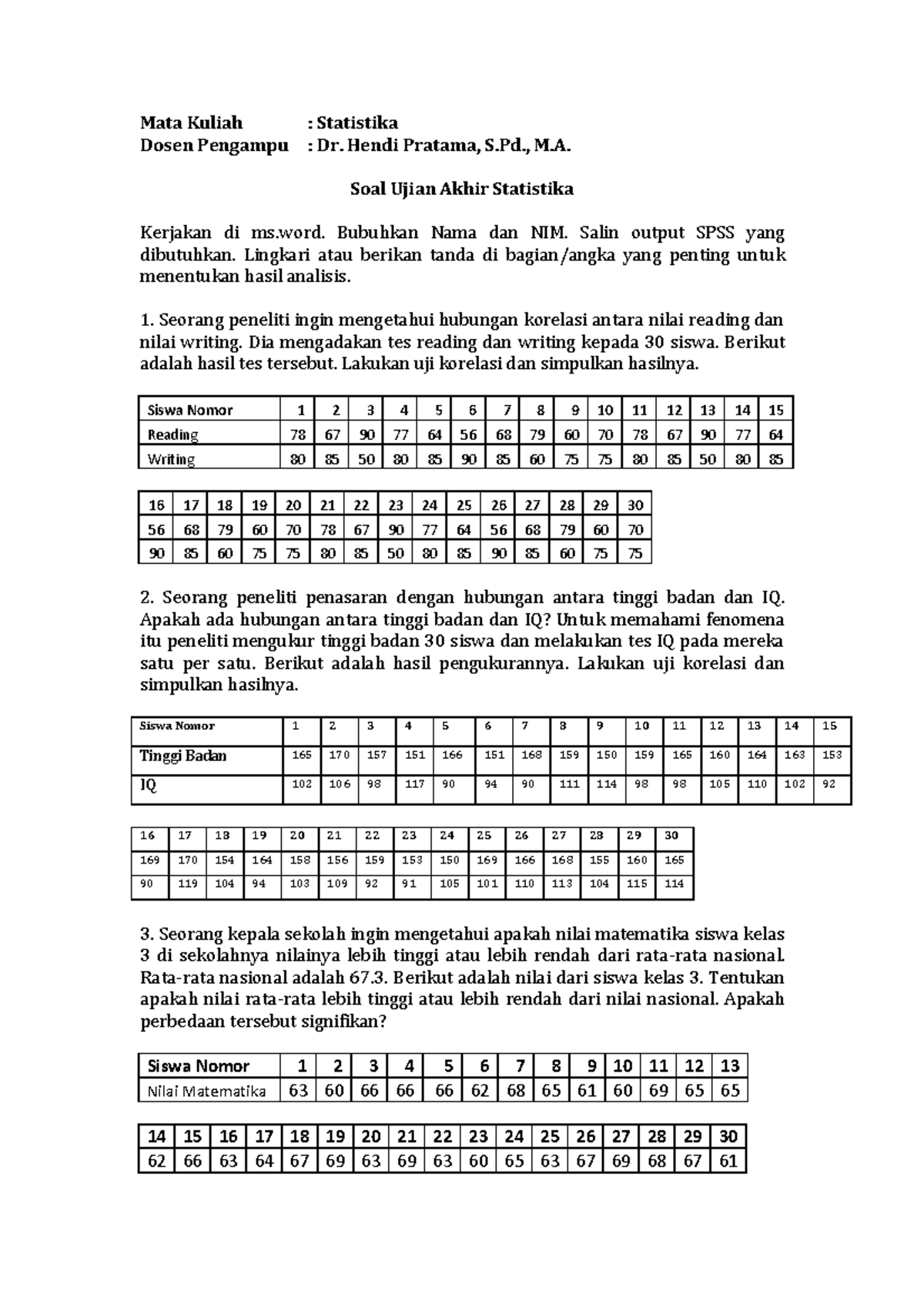 Soal Ujian Akhir Statistika Gasal - Mata Kuliah : Statistika Dosen ...