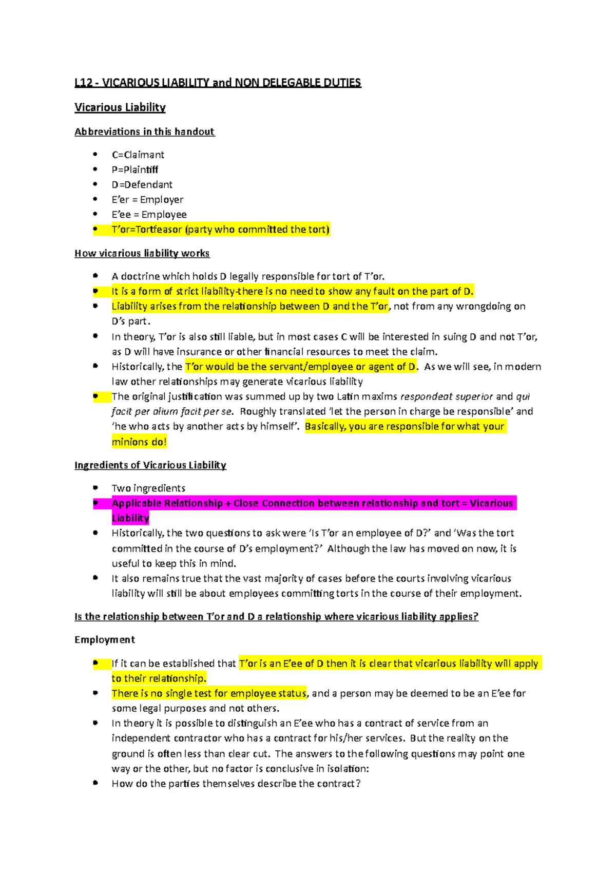 L12 - Vicarious Liability - L12 - VICARIOUS LIABILITY And NON DELEGABLE ...