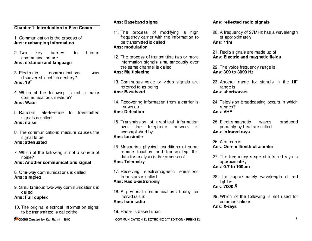 Frenzel principles of electronic communication systems qna 1 Chapter