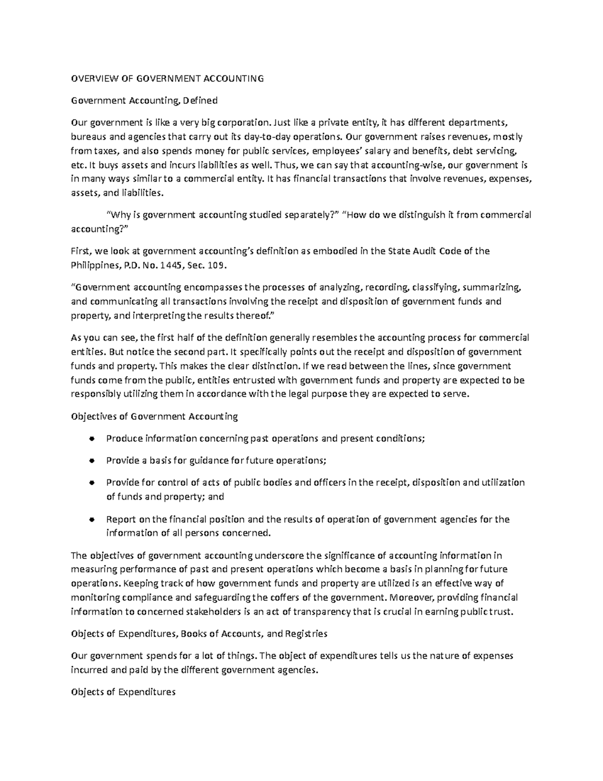 Government Accounting Notes - OVERVIEW OF GOVERNMENT ACCOUNTING ...