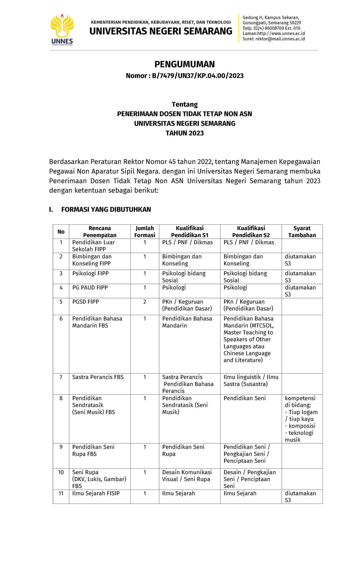 Pengumuman Penerimaan Dosen Tidak Tetap 2023 Ttd - PENGUMUMAN Nomor : B ...