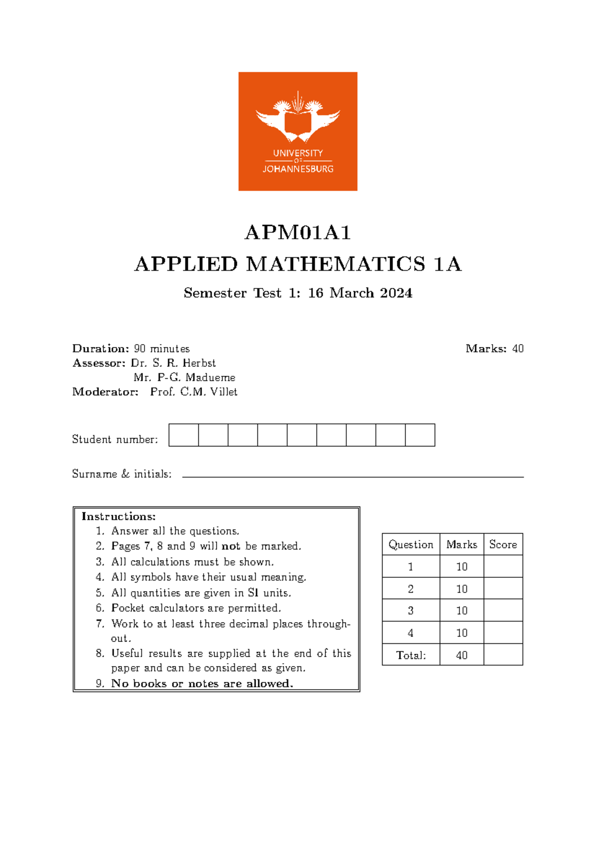 Apm01a1 semester test 1 2024 Memo - APM01A APPLIED MATHEMATICS 1A ...