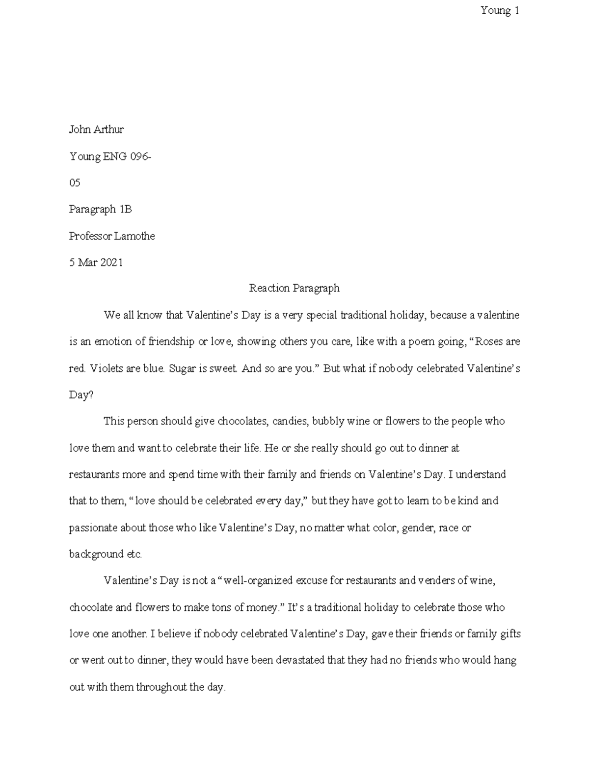 Reaction Paragraph Assignment 1B Young 1 John Arthur Young ENG 096