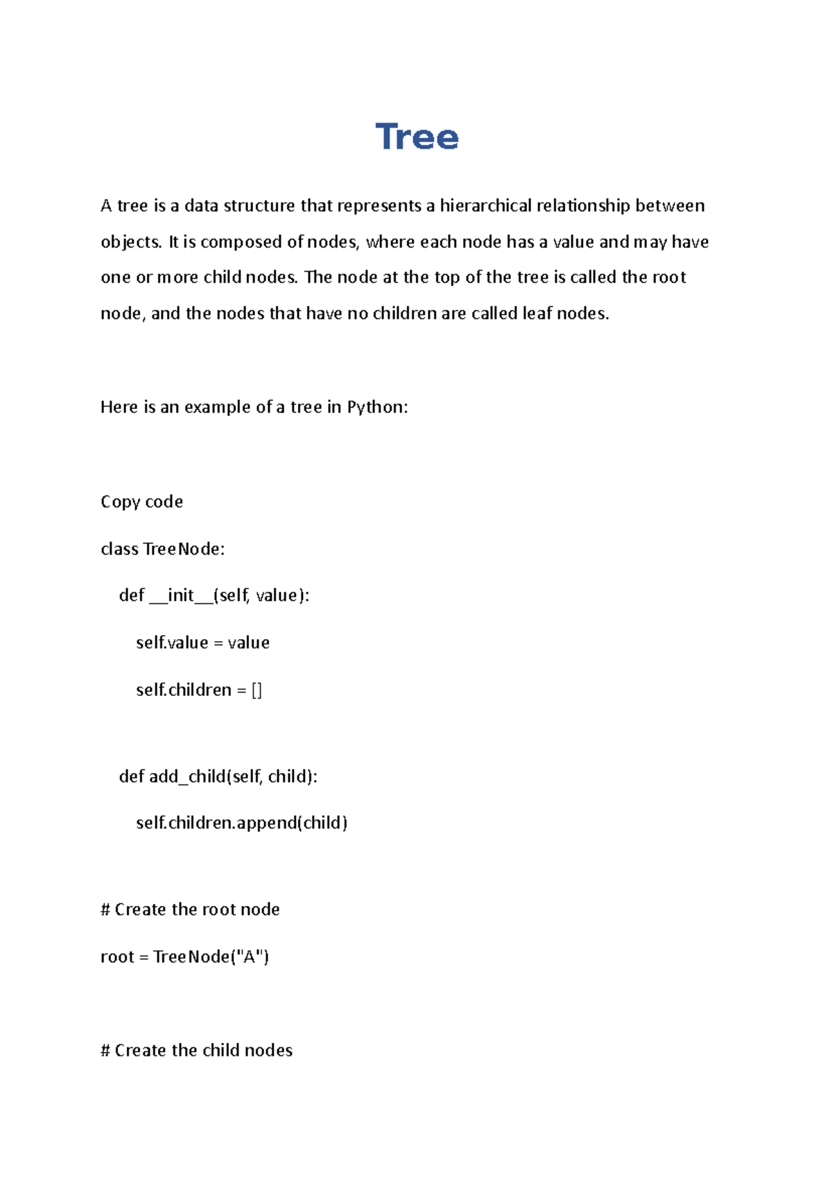 DSA09 - Trees Notes - Tree A tree is a data structure that represents a ...