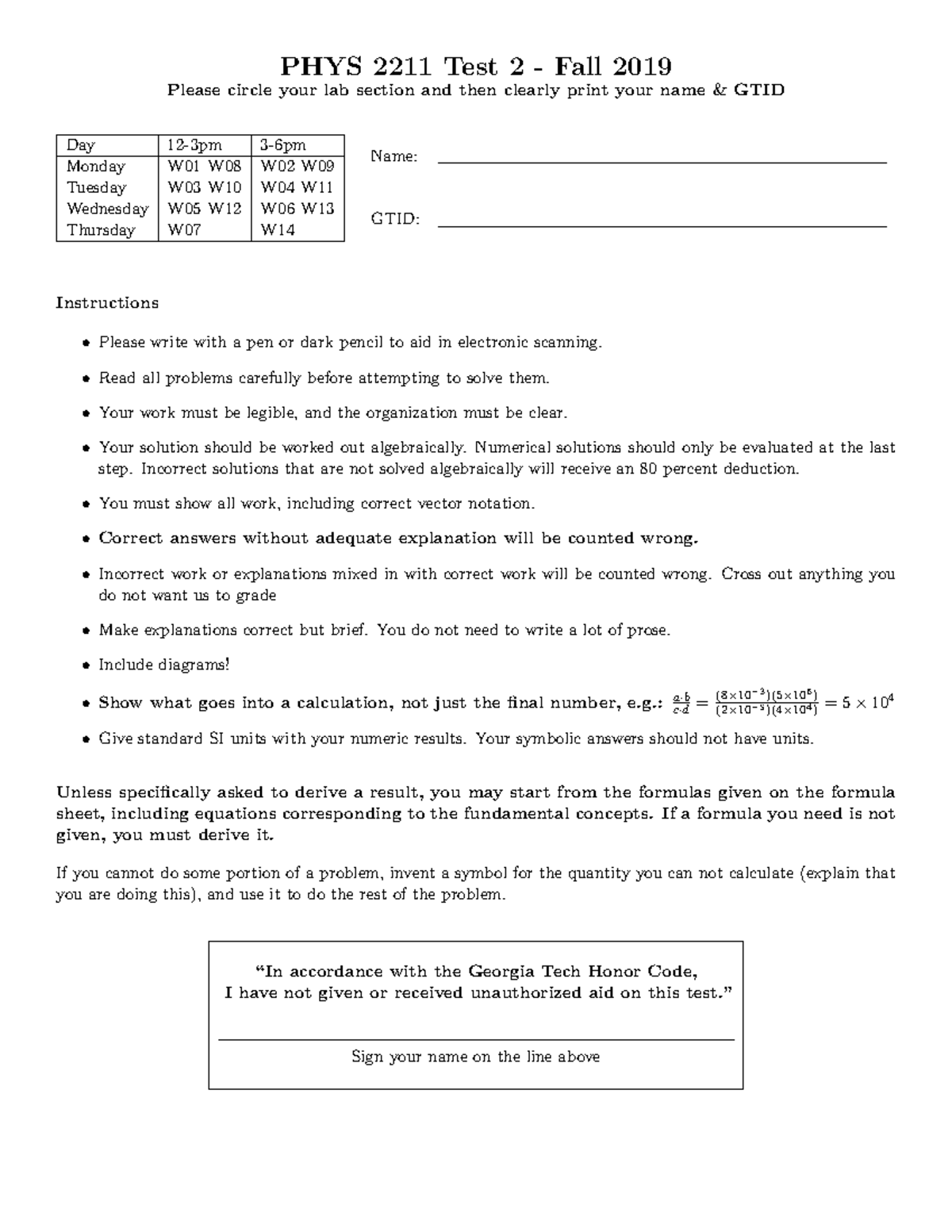 F19 2211 Test2 Old Practice Test Phys 2211 Test 2 Fall 2019