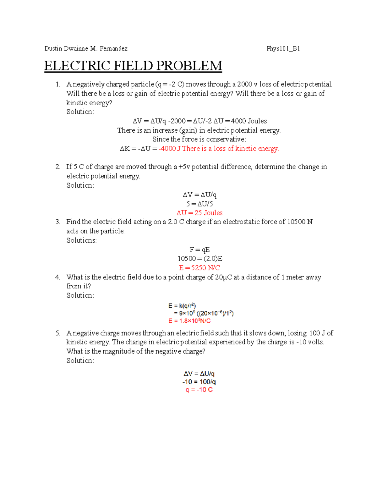 Assignment 3 Phys101 - ELECTRIC FIELD PROBLEM A negatively charged ...