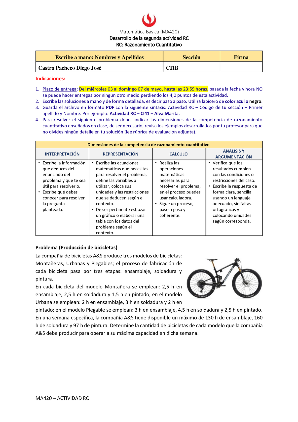 Actividad RC CI1B Castro Pacheco, Diego JOSÉ - Matemática Básica (MA420 ...