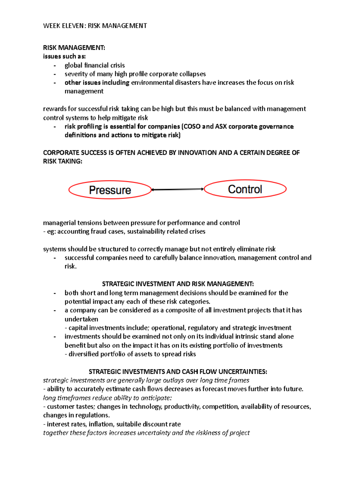 WEEK Eleven - NOTES FROM SEMINAR - WEEK ELEVEN: RISK MANAGEMENT RISK ...