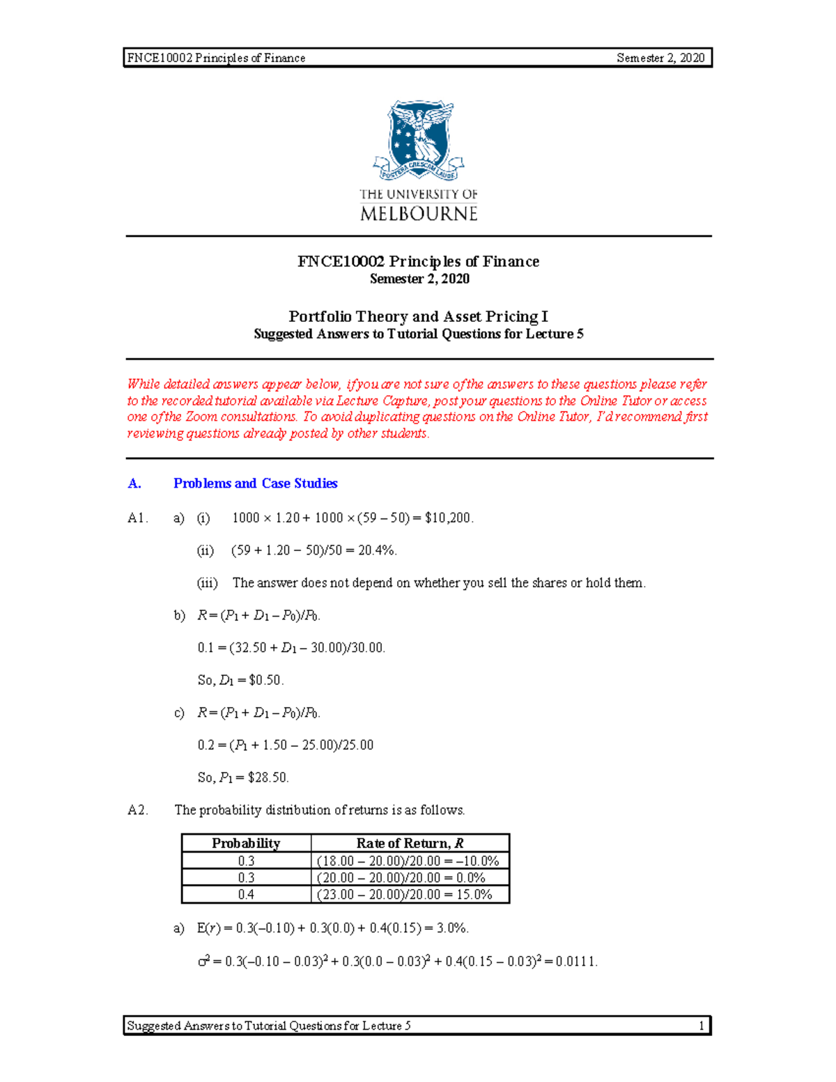 Tutorial 05 - Ans (LMS) - FNCE10002 Principles of Finance Semester 2 ...