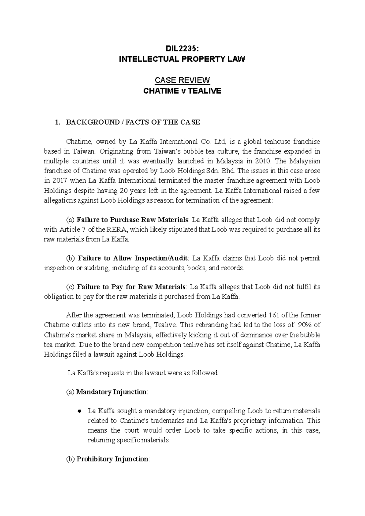 [ DIL2235 ] Individual CASE Review DIL2235 INTELLECTUAL PROPERTY LAW CASE REVIEW CHATIME v
