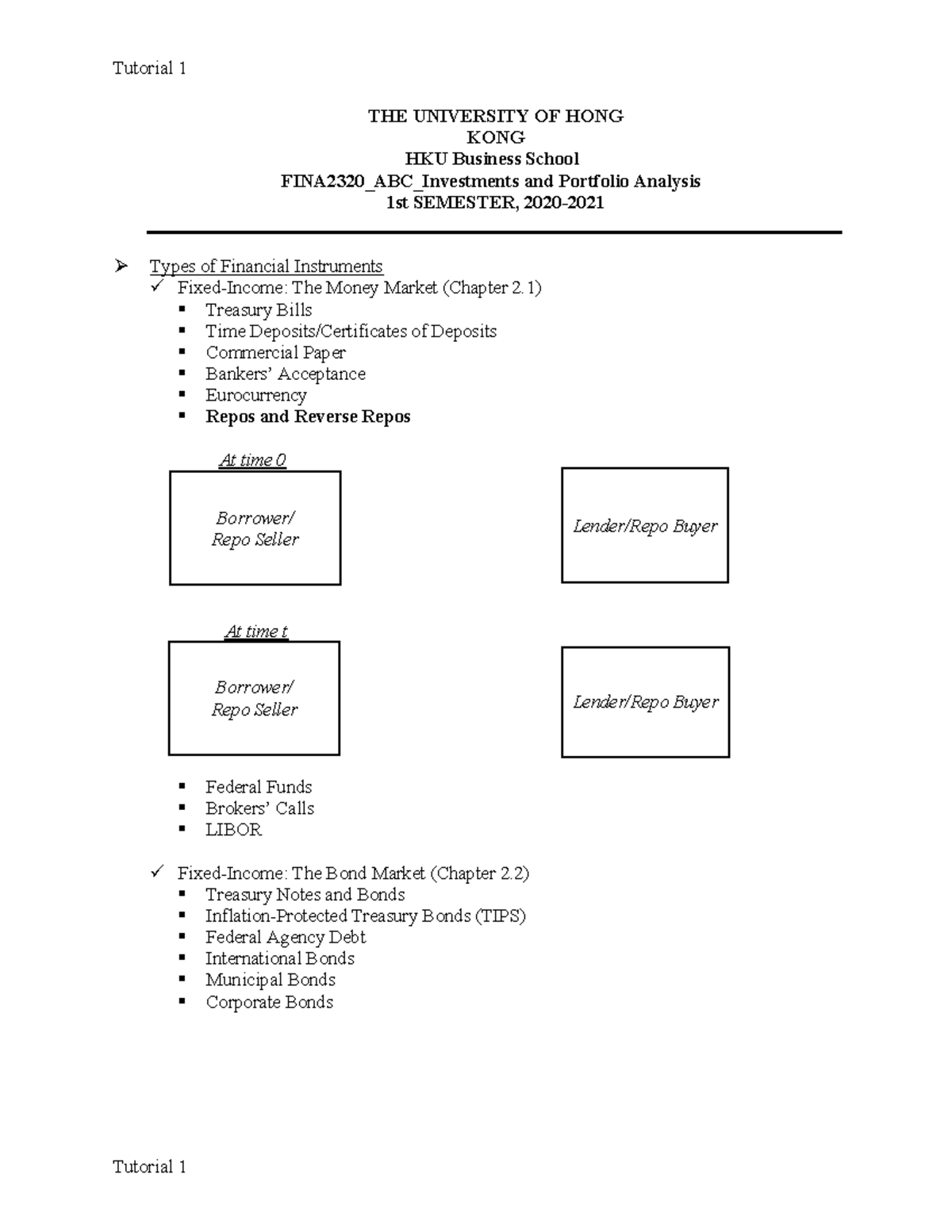 FINA2320 ABC 2020 Tutorial 1 THE UNIVERSITY OF HONG KONG HKU Business