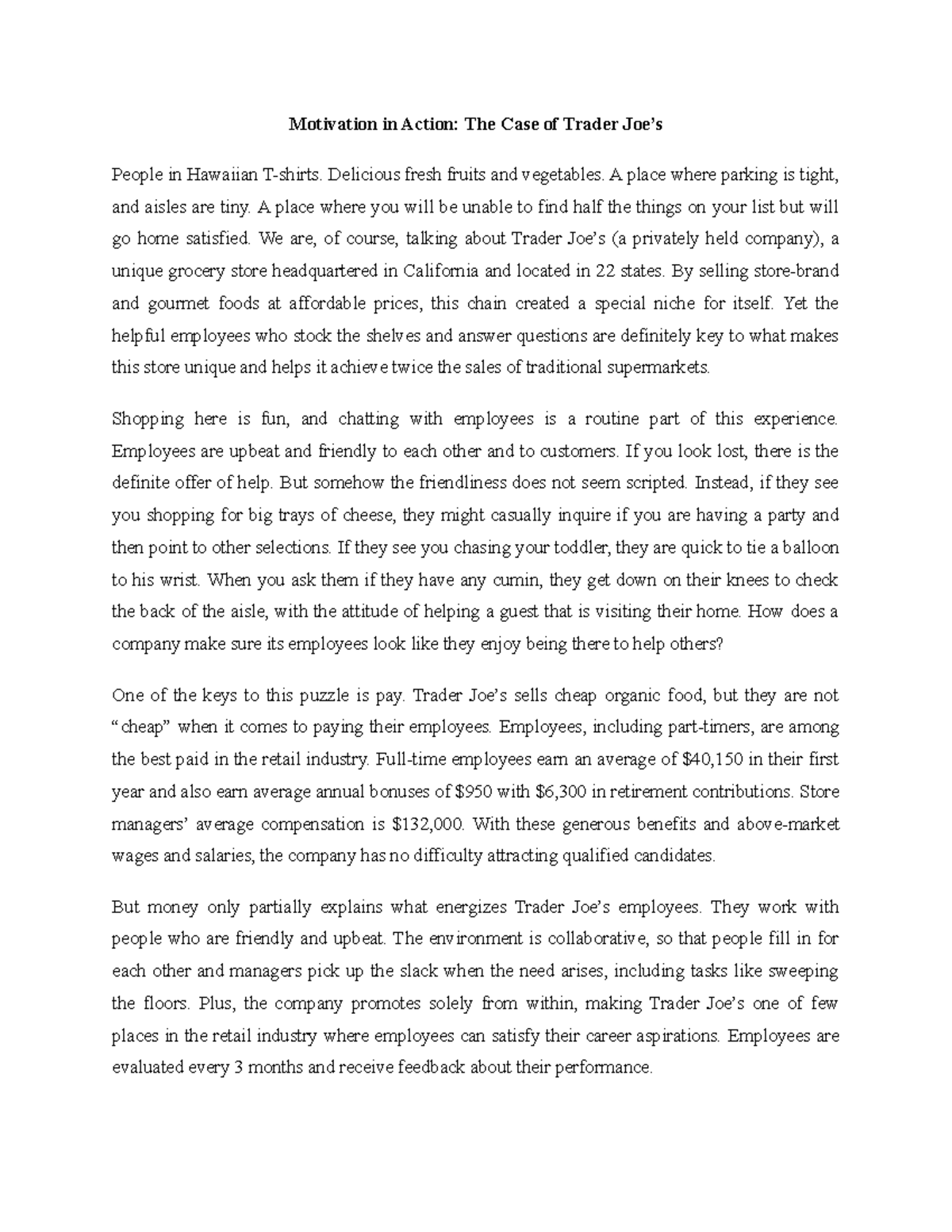 Case Study on Trader Joe's Motivation in Action The Case of Trader