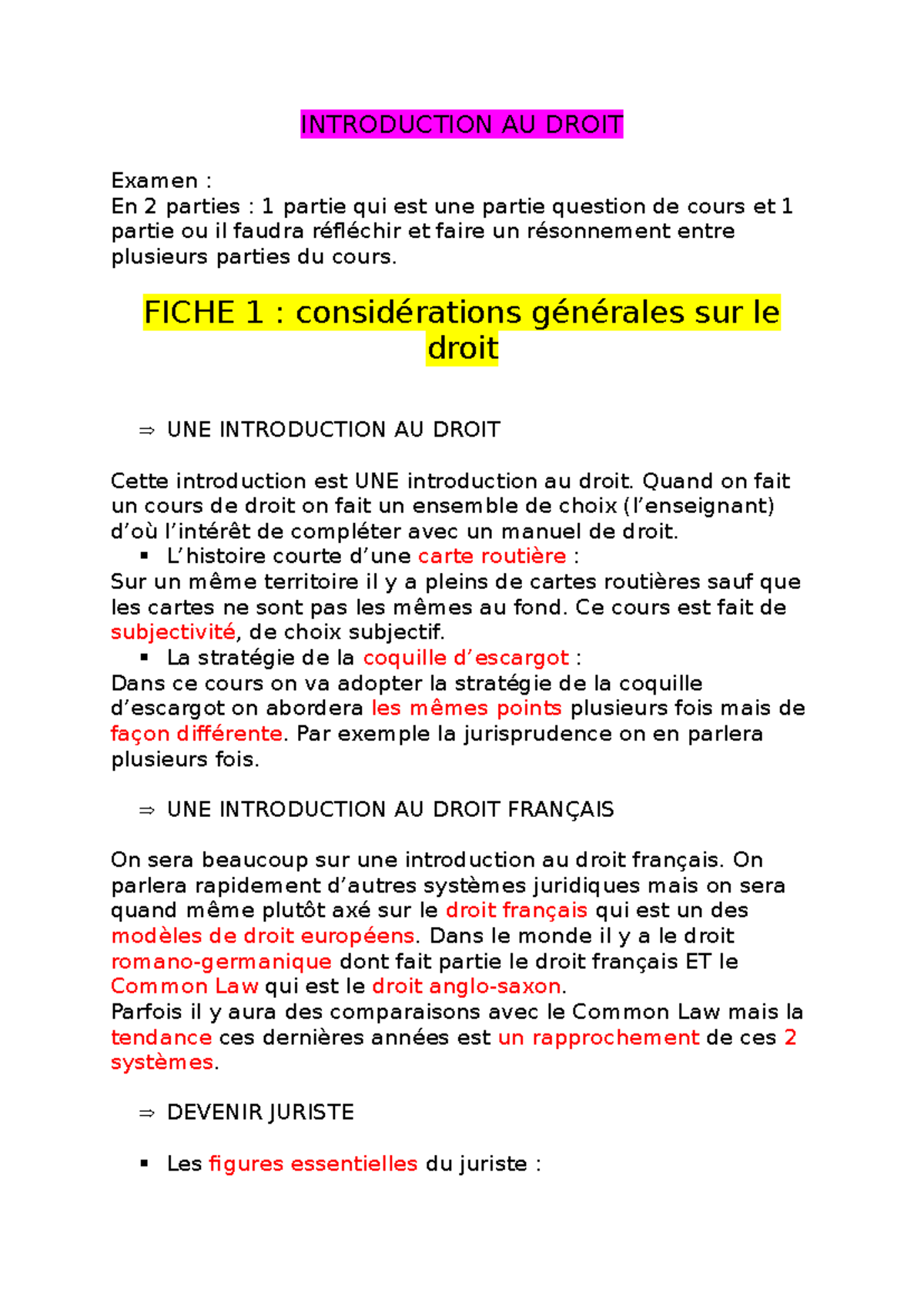 Cours - INTRODUCTION AU DROIT Examen : En 2 parties : 1 partie qui est ...