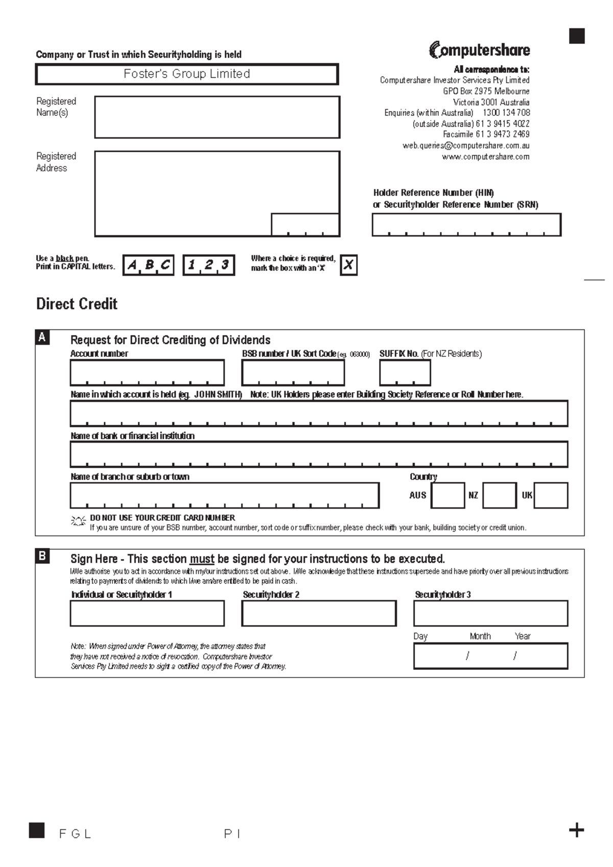 Computershare Direct credit form Direct Credit A Request for Direct Crediting of Dividends B