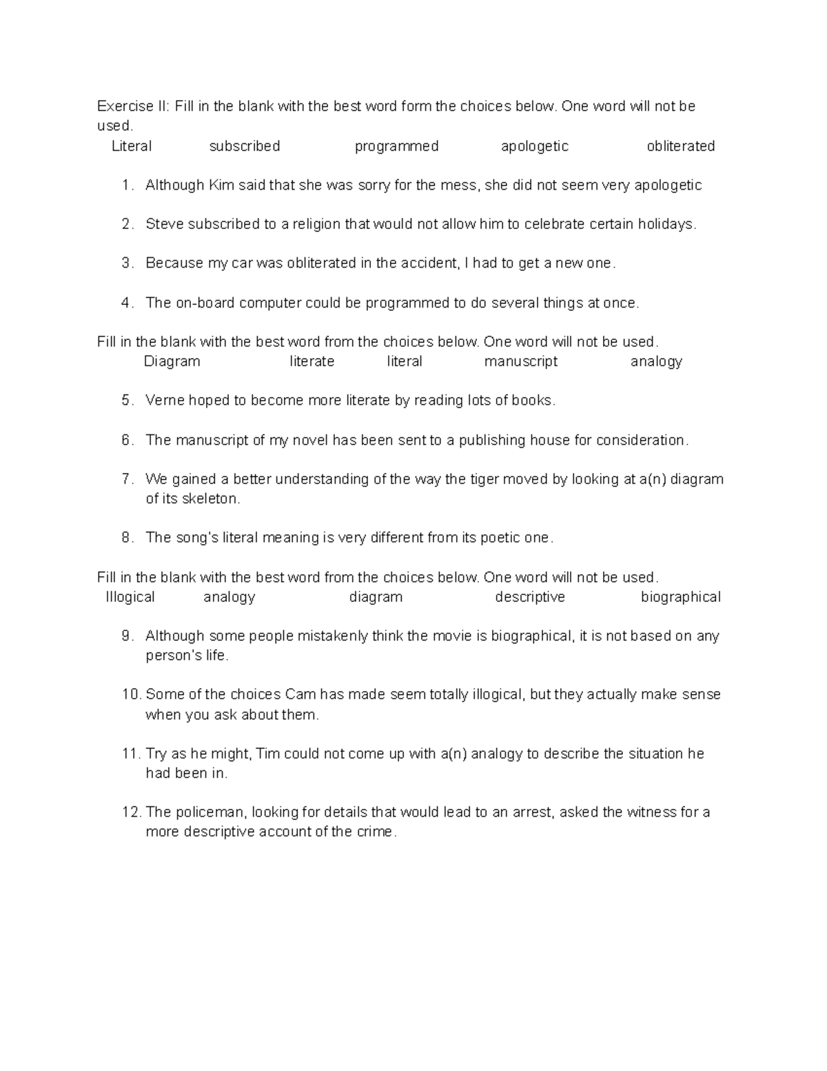 Vocab Unit 7 Excercise 2 - Exercise II: Fill in the blank with the best ...