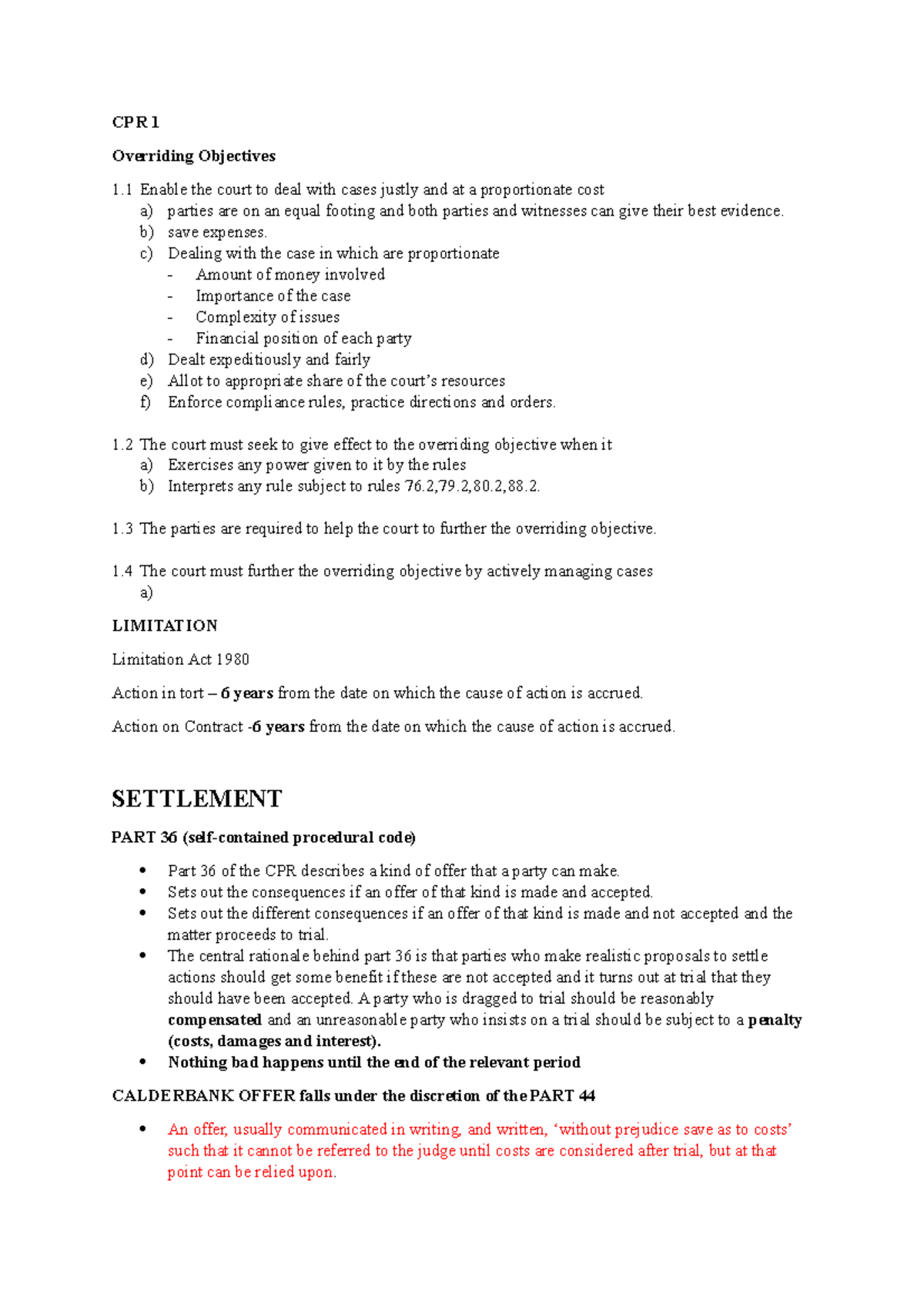 Revision Civil - CPR 1 Overriding Objectives 1 Enable the court to deal ...