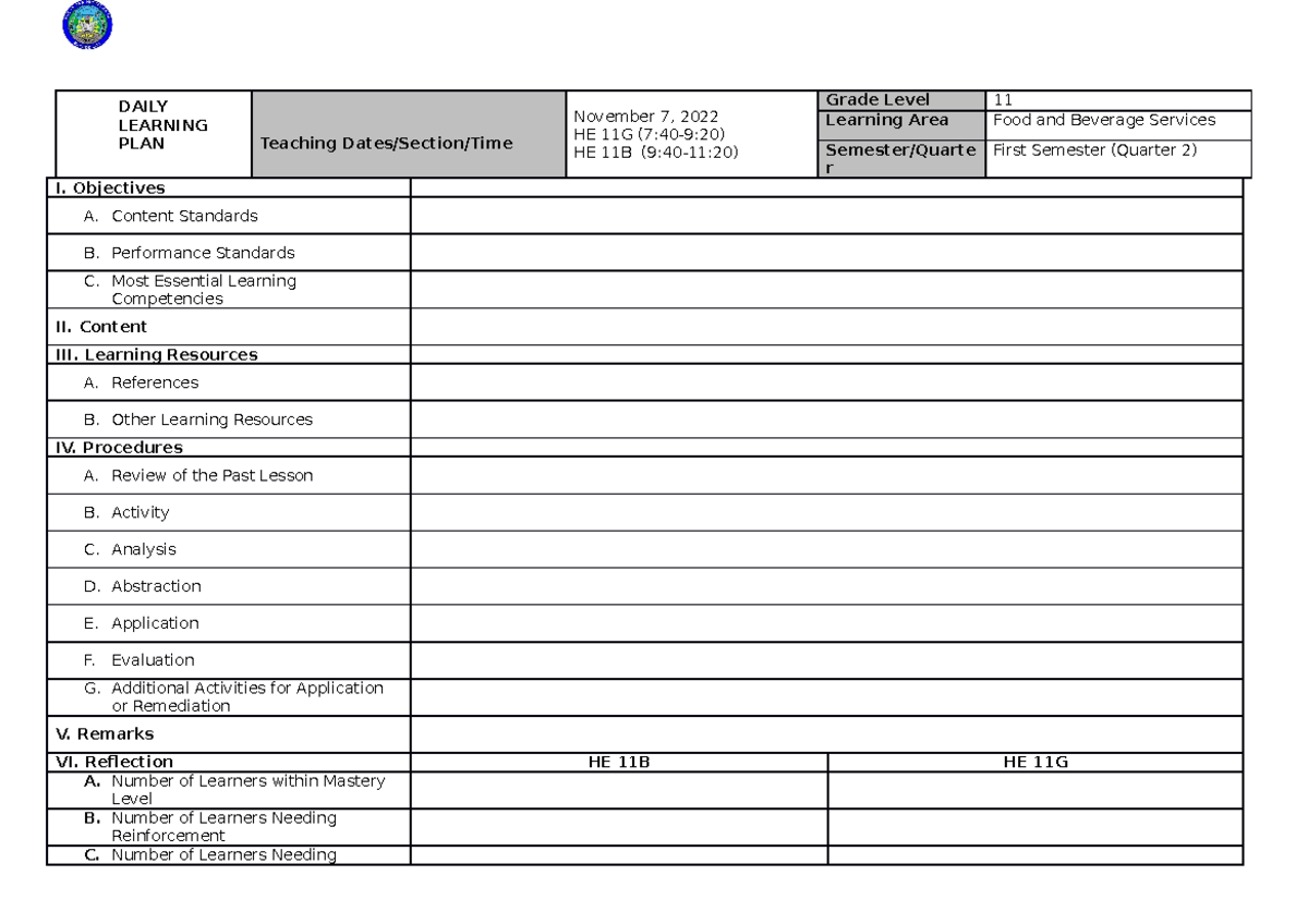 Daily Learning Plan Template - DAILY LEARNING PLAN Teaching Dates ...