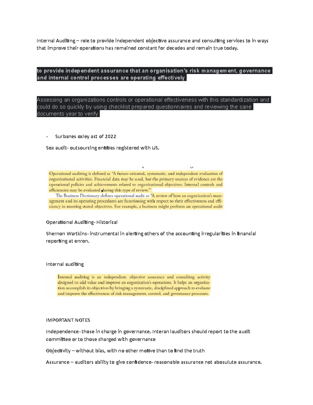 Internal Auditing - to provide independent assurance that an ...