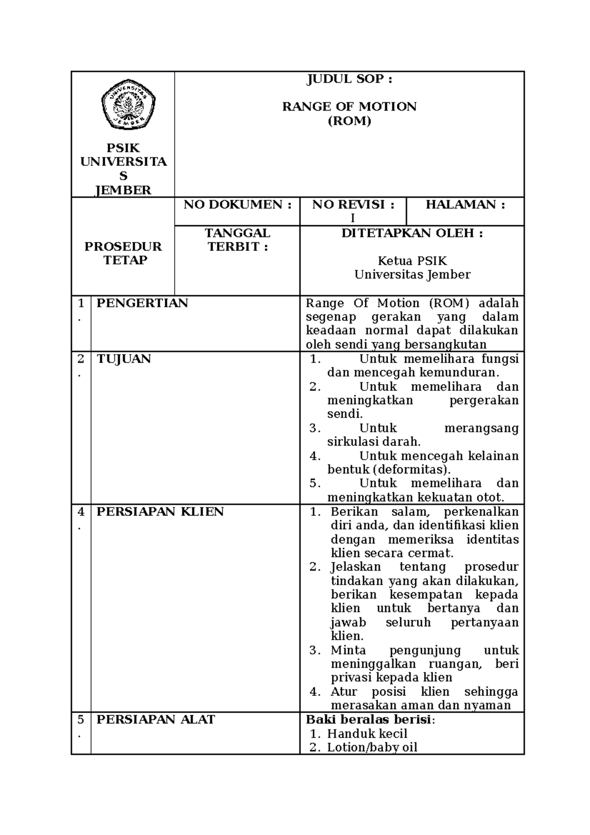 SOP Mobilisasi - PSIK UNIVERSITA S JEMBER JUDUL SOP : RANGE OF MOTION ...