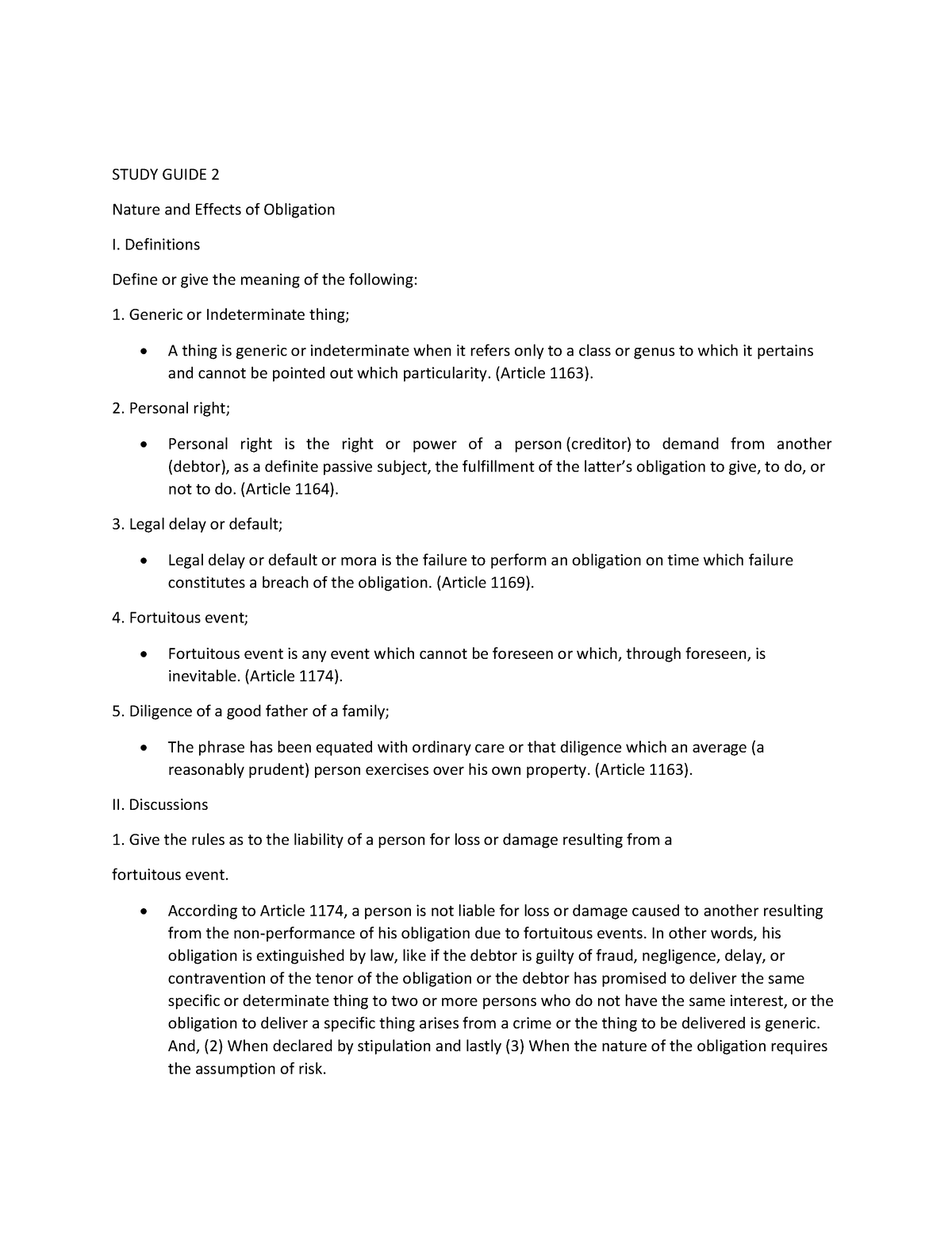 Law - notes - STUDY GUIDE 2 Nature and Effects of Obligation I ...