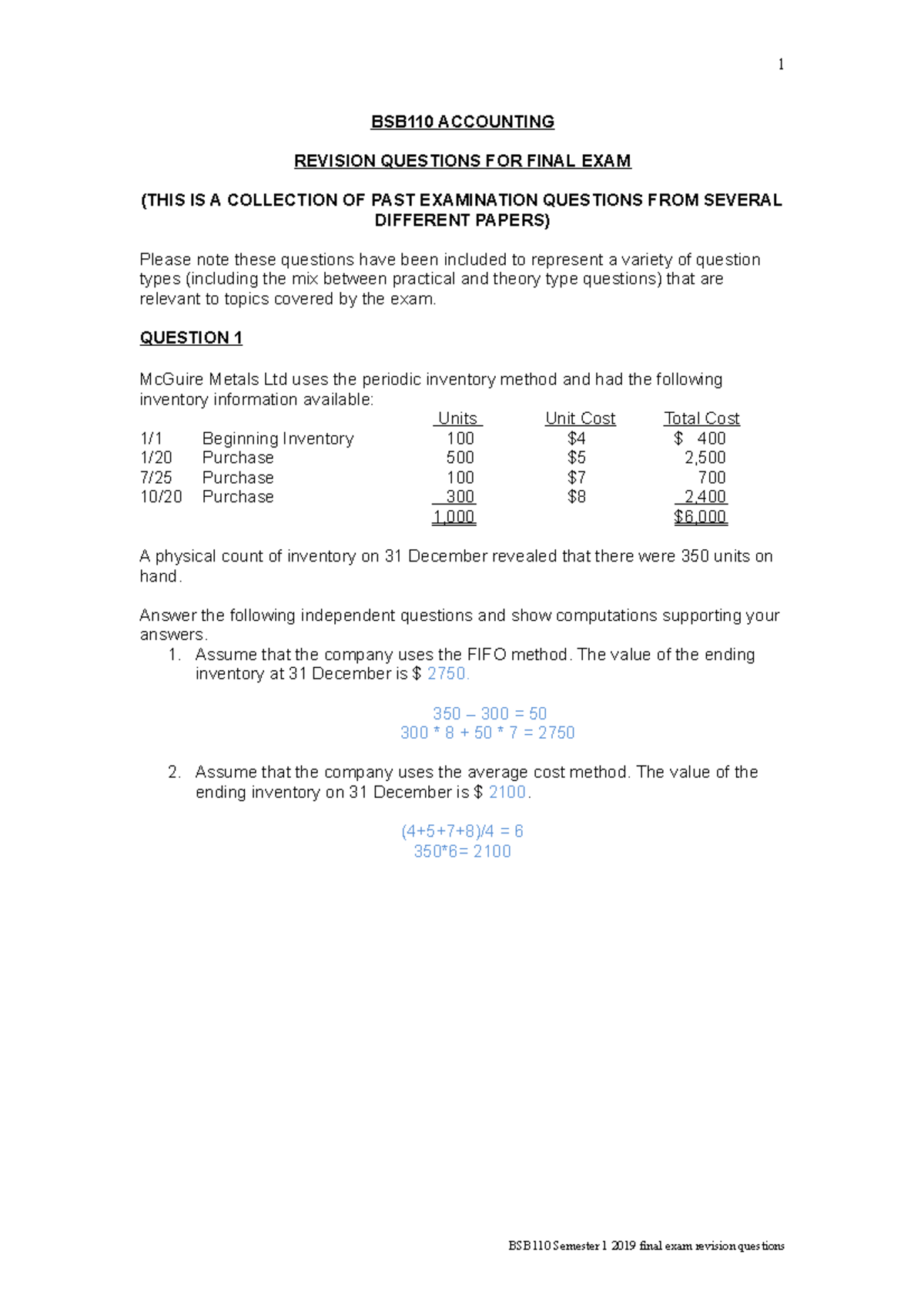 BSB110 Final Exam revision questions - BSB110 ACCOUNTING REVISION ...