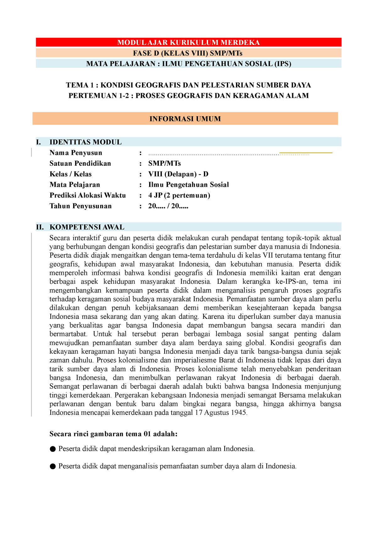 Modul IPS Kls 8 Tema 1 - Memuat Tentang Pelajaran IPS - MODUL AJAR ...