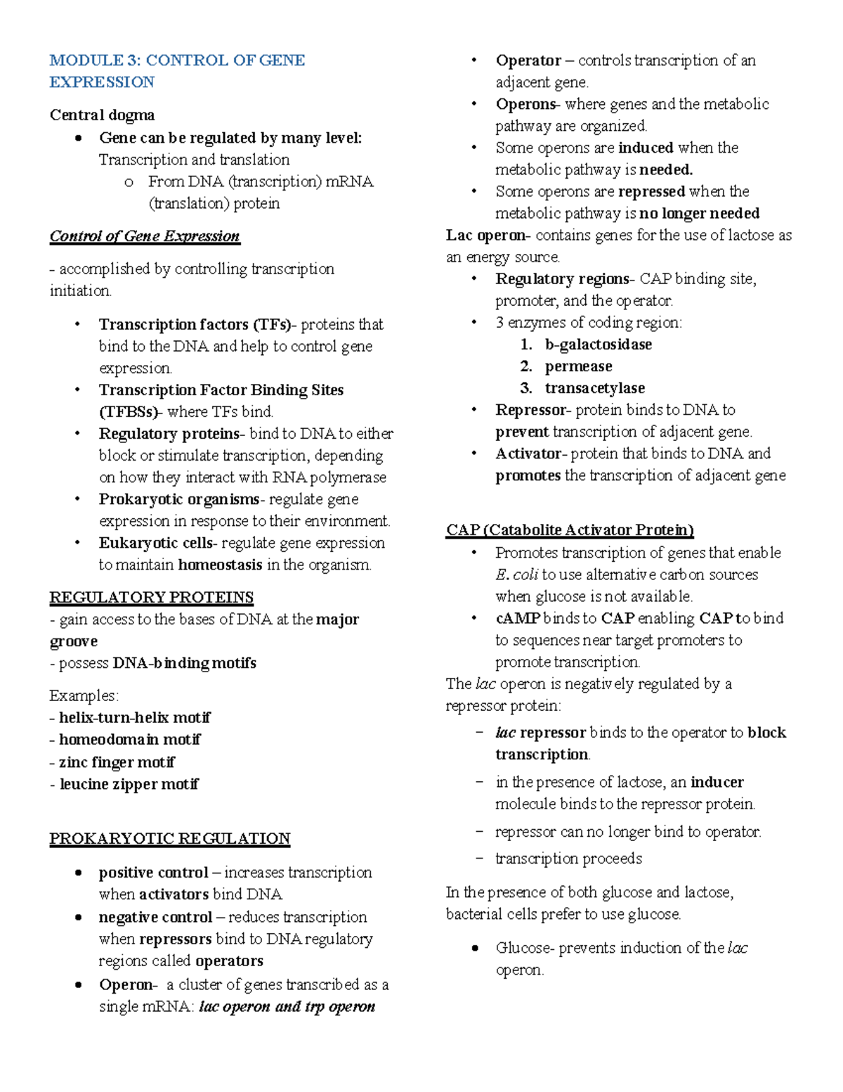 BIO-4- Reviewer - MODULE 3: CONTROL OF GENE EXPRESSION Central dogma ...