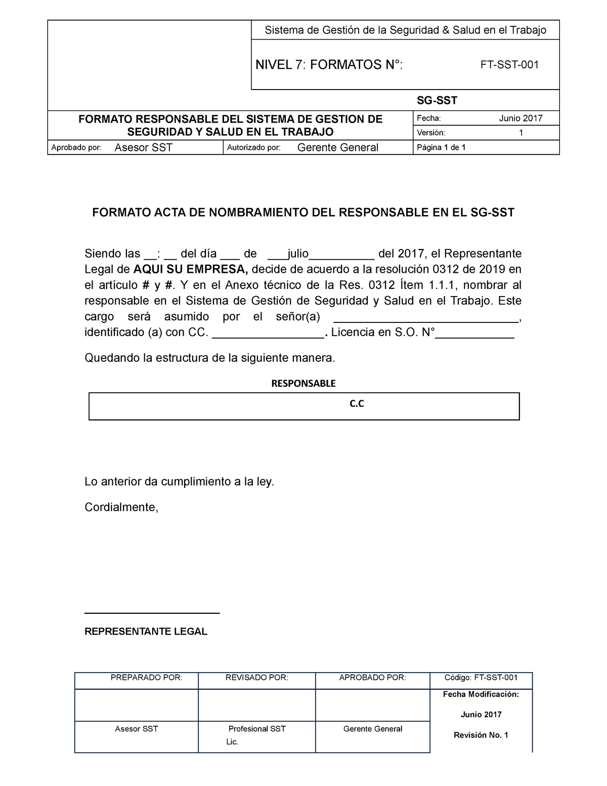 4 Ft Sst 001 Formato Responsable Del S G S S T Sistema De Gestión De