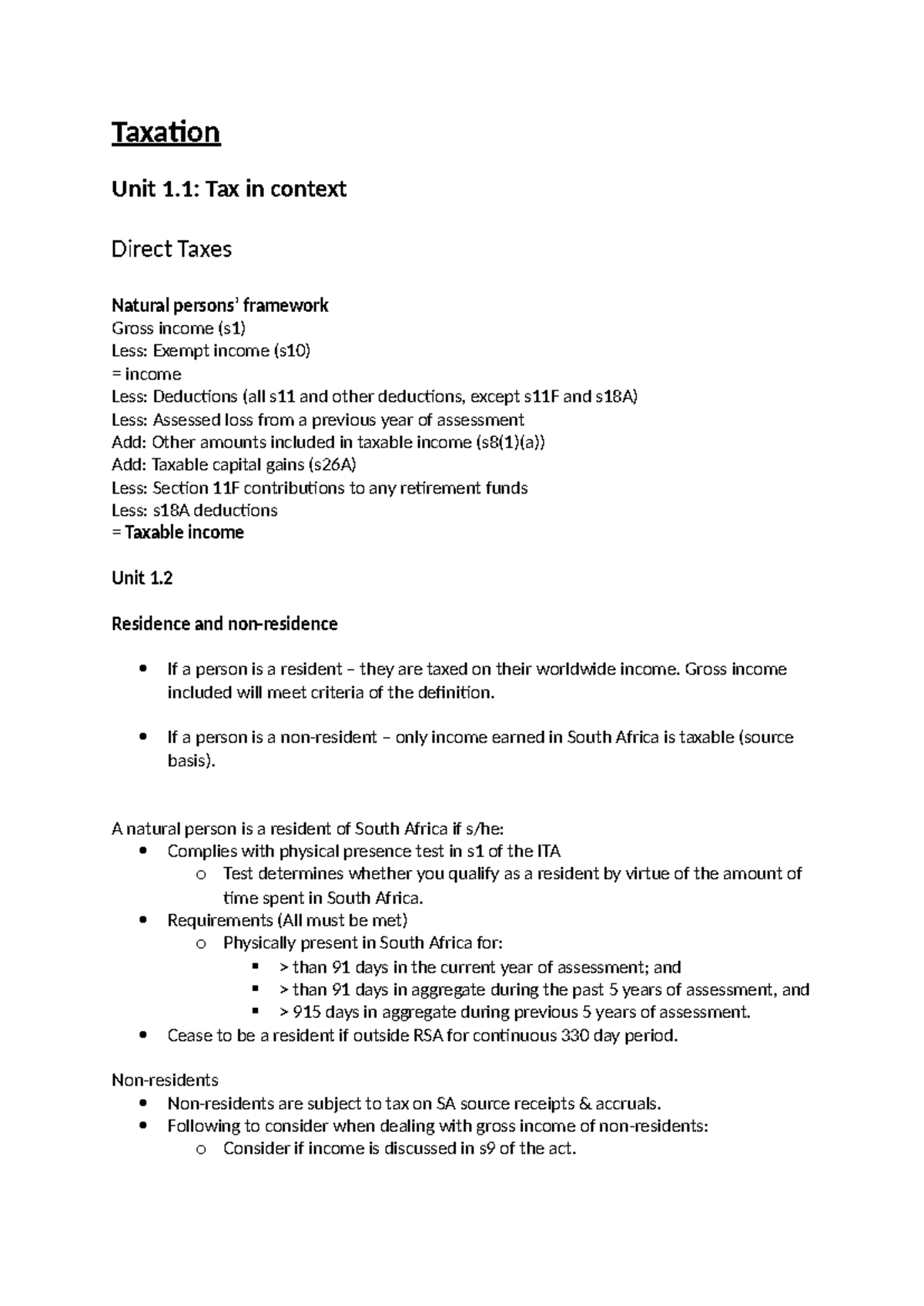 Taxation - Lecture notes and slide notes. - Taxation Unit 1: Tax in ...