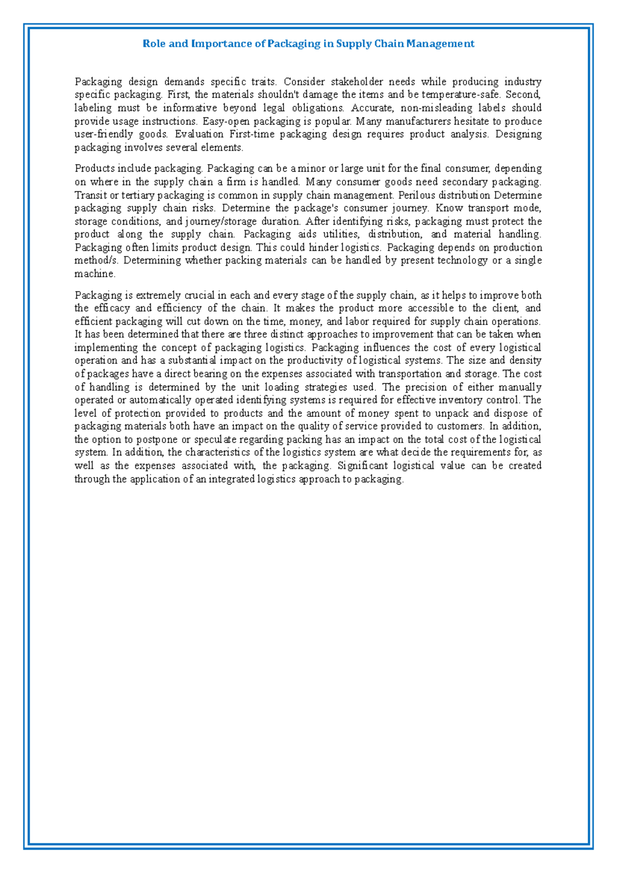 MGT - Summary of supply chain - Role and Importance of Packaging in ...