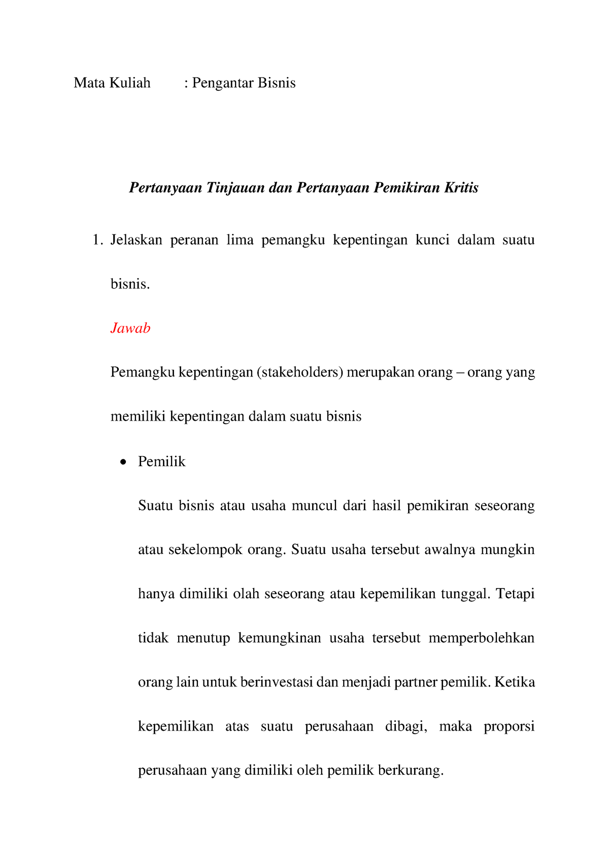 Pertanyaan Tinjauan - Mata Kuliah : Pengantar Bisnis Pertanyaan ...