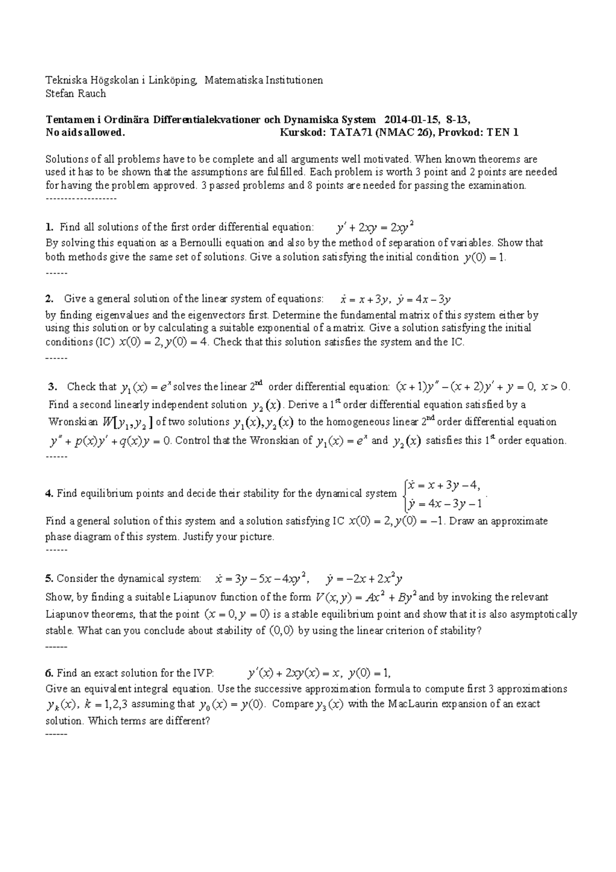 Tenta 15 Januari 14 Fragor Och Svar Tekniska Hogskolan I Linkoping Matematiska Institutionen Studocu