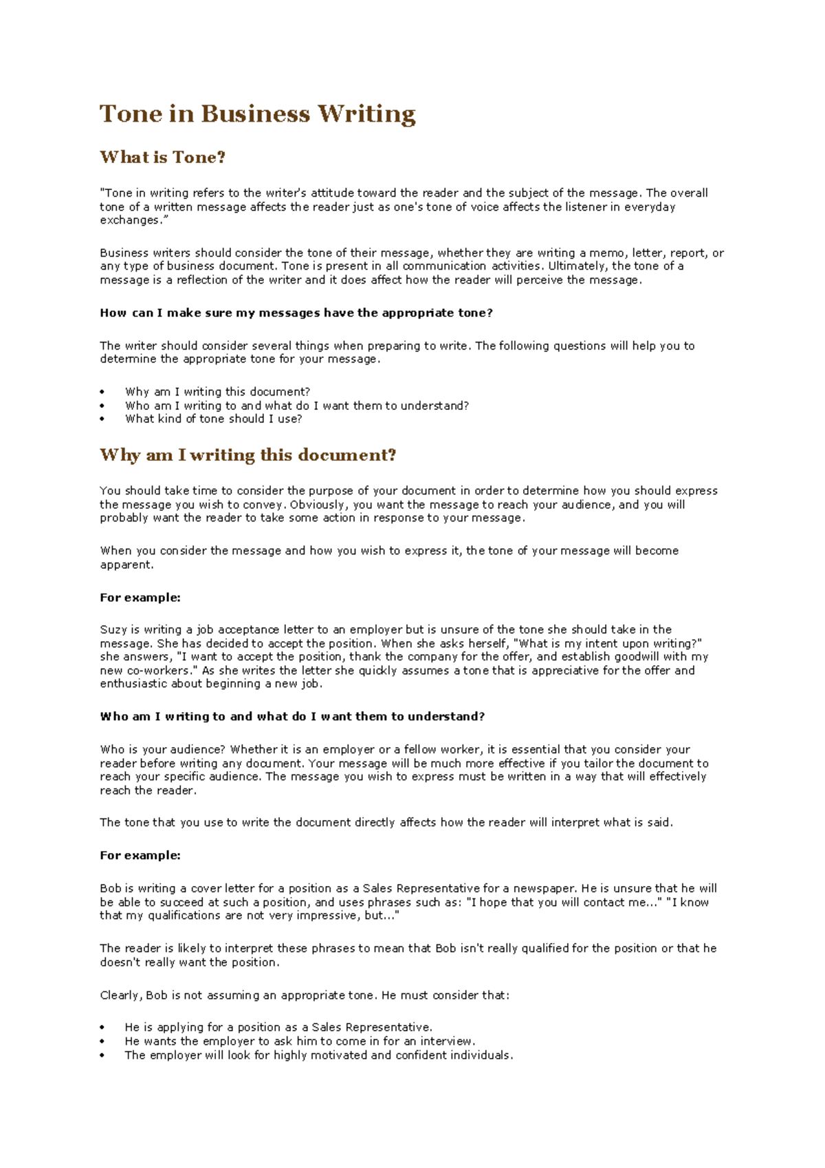 Tone in Business Writing The overall tone of a written message