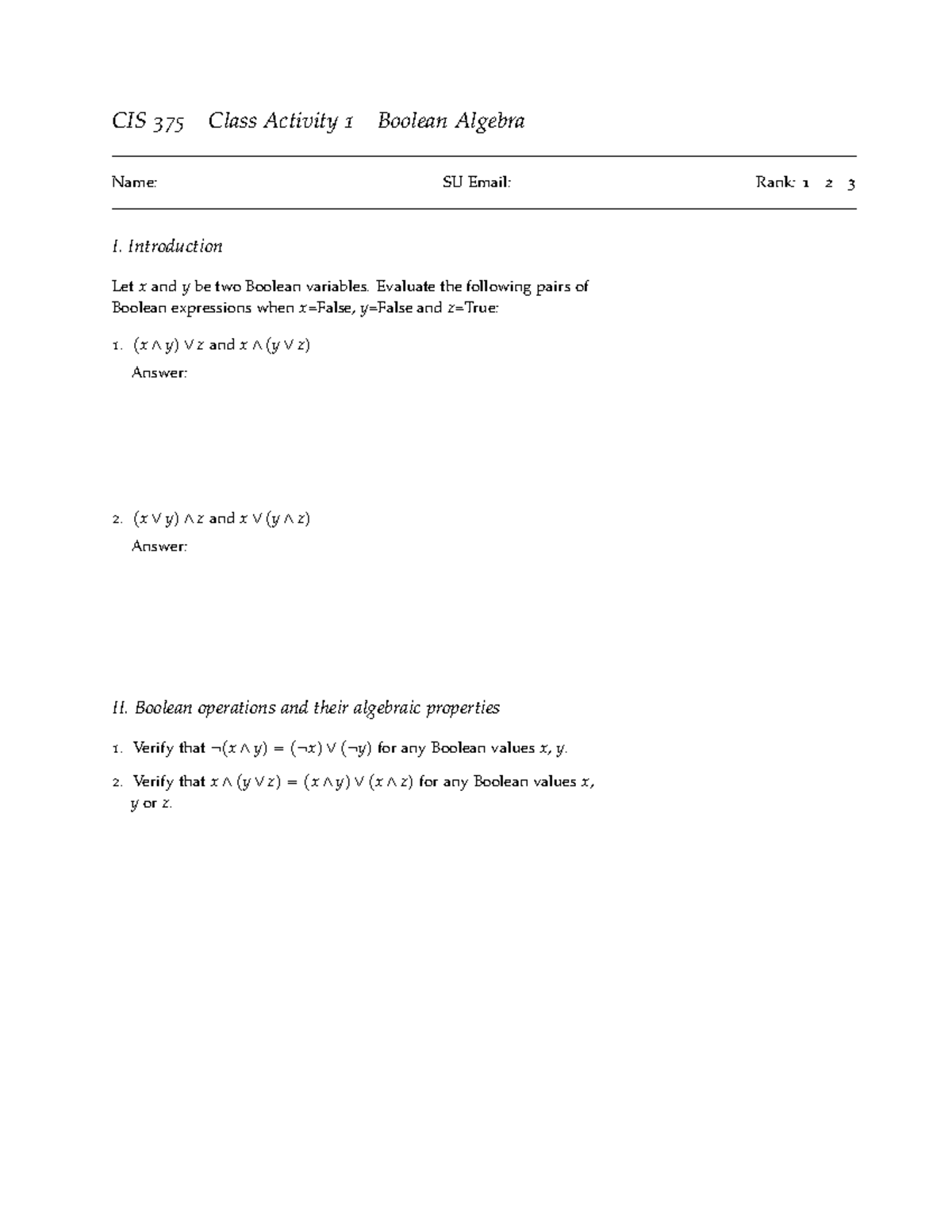 01-Boolean Algebra - Lecture Notes 8 - CIS 375 Class Activity 1 Boolean ...