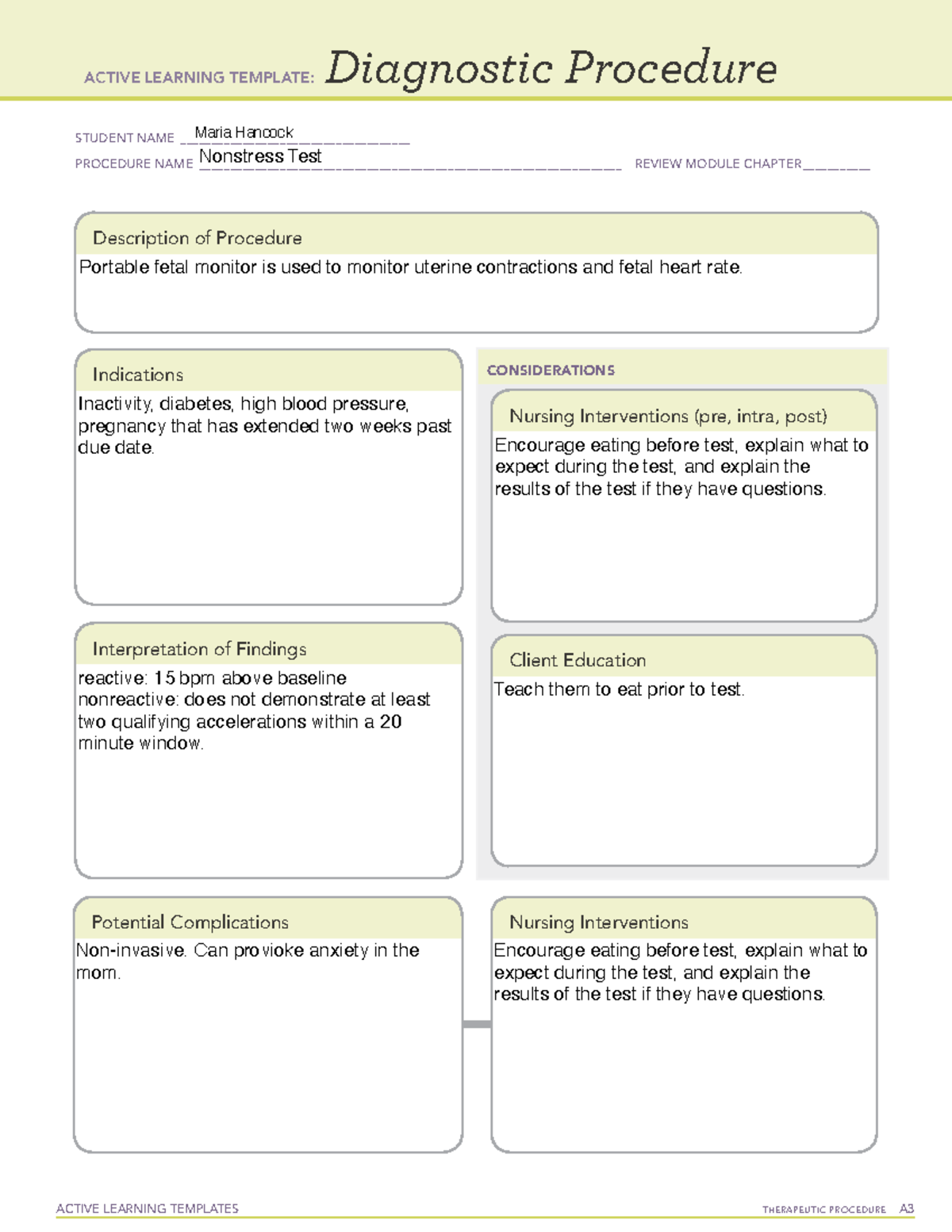 Active Learning Template Diagnostic Procedure form ACTIVE LEARNING