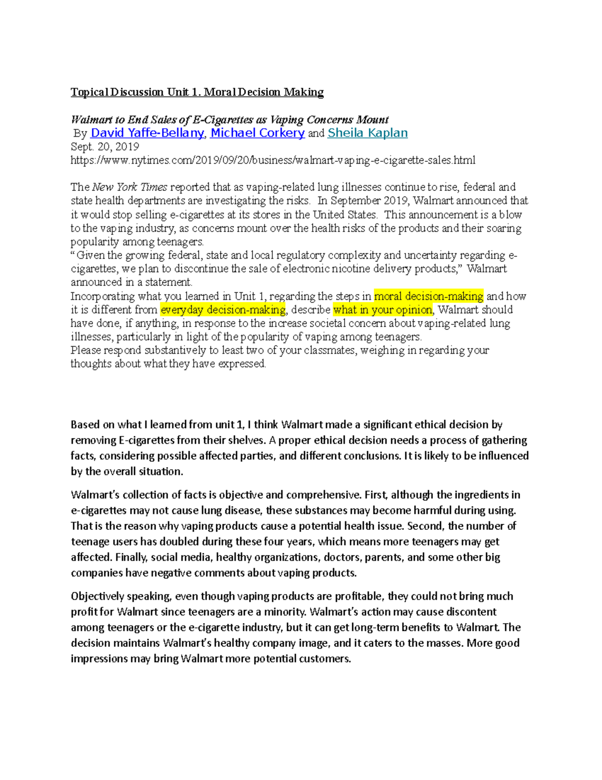 BA 300 Topical Discussion Unit 1 - Topical Discussion Unit 1. Moral ...