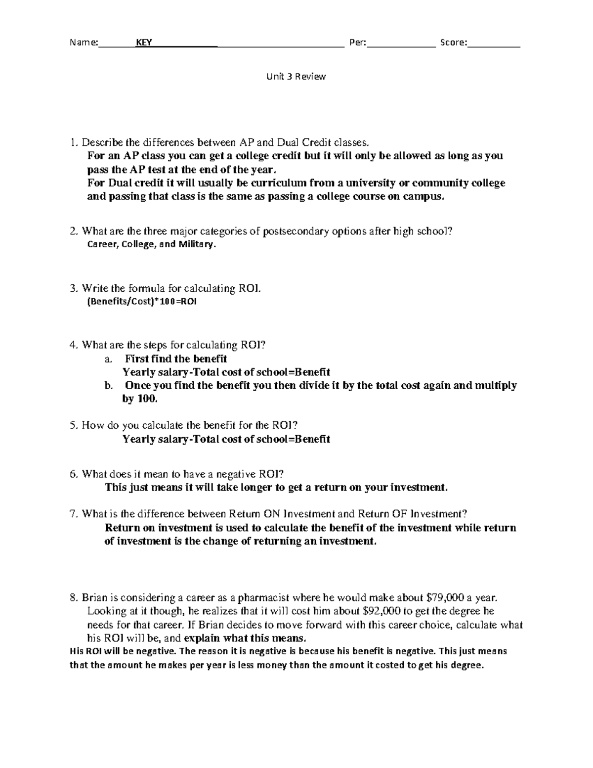 Unit 3 Review Key - Name:KEY ________________________ Per:______ Score ...