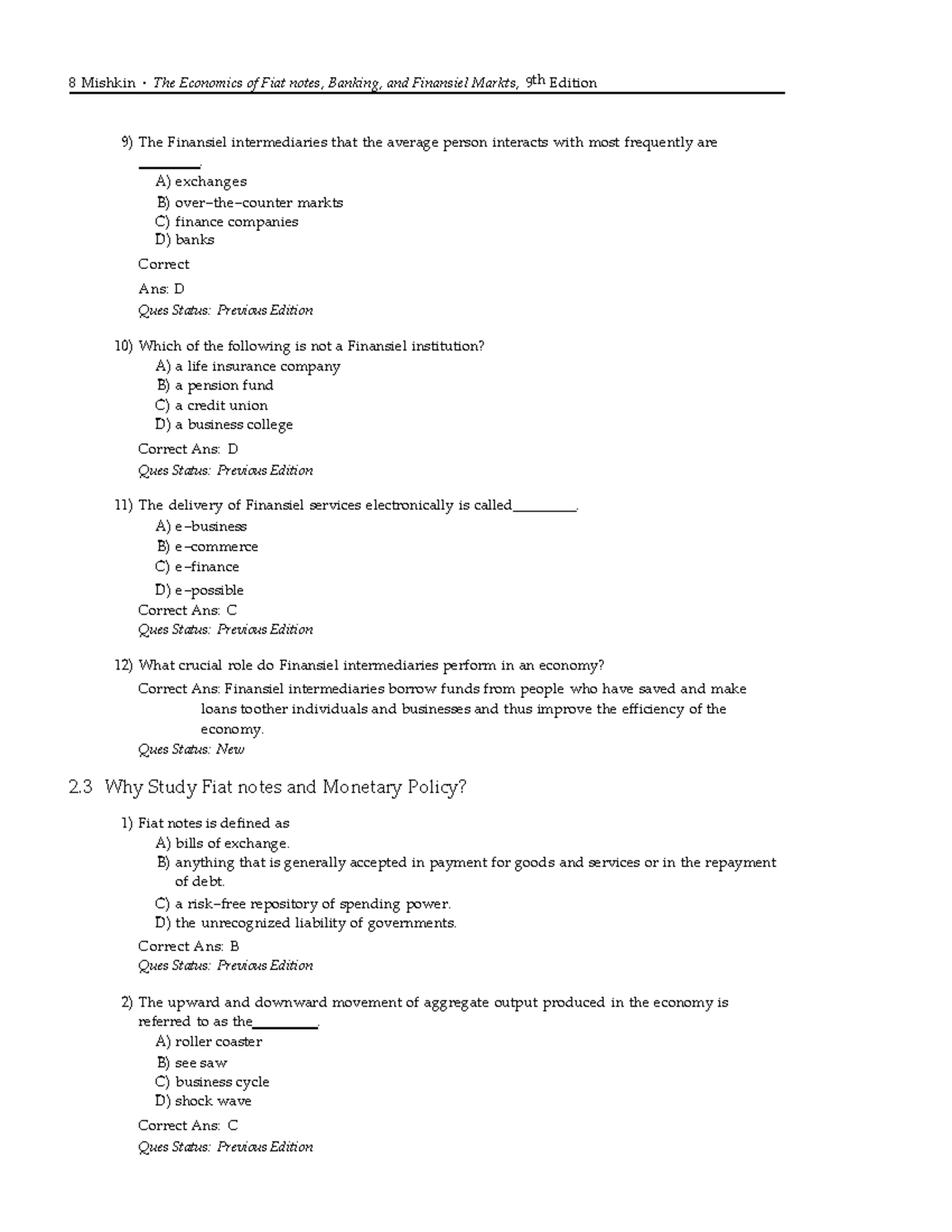Economics of Money, Banking, and Financial Markets TEST BANK (9th