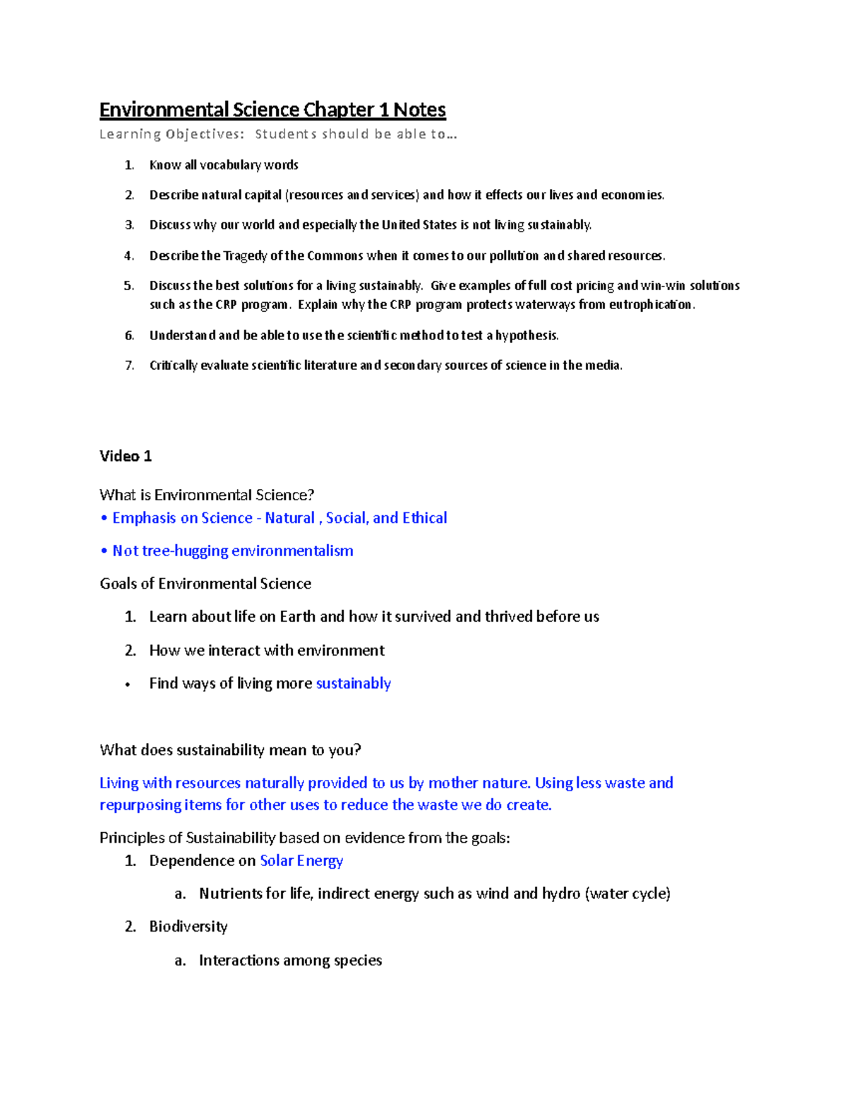 BI 118 - Chapter 1 Notes - Environmental Science Chapter 1 Notes ...