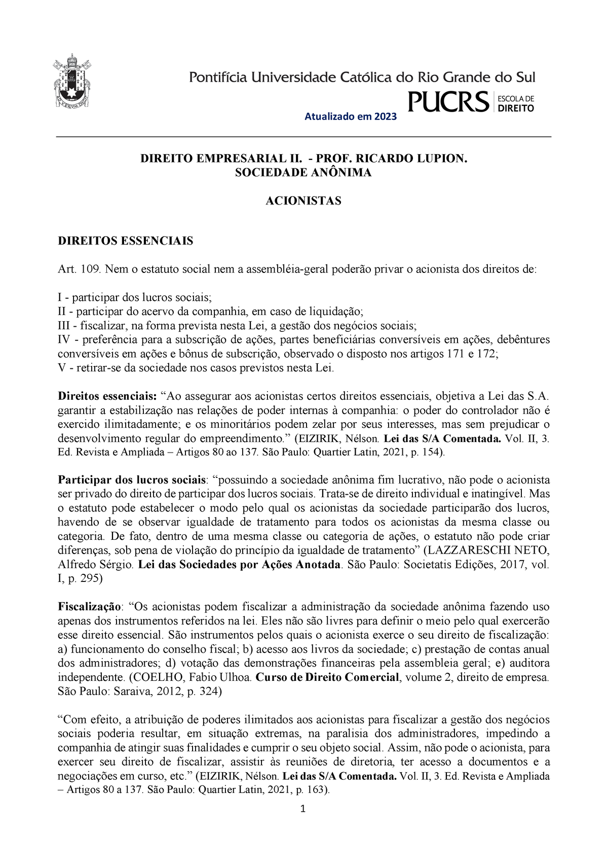 1 Acionistas Direitos Essenciais E Perfis Roteiro Das Aulas 2023 Direito Empresarial 9034