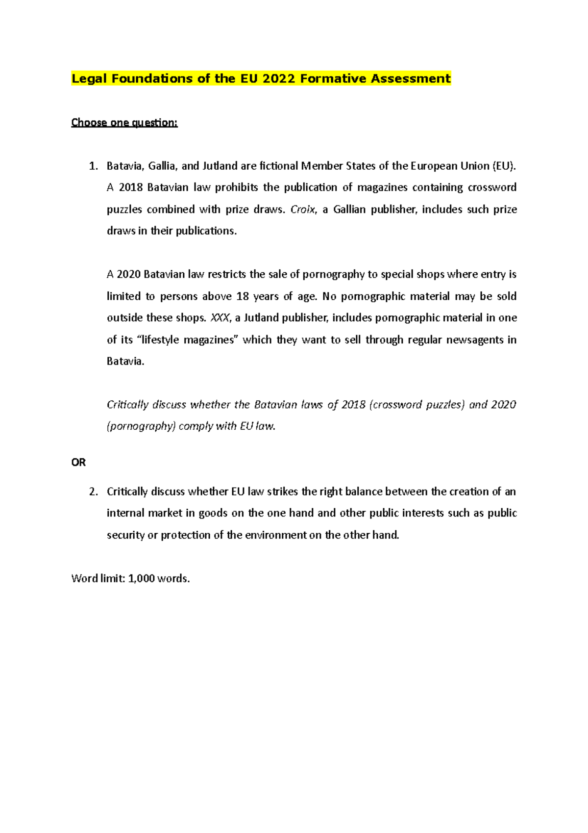 LFEU Formative - Legal Foundations Of The EU 2022 Formative Assessment ...