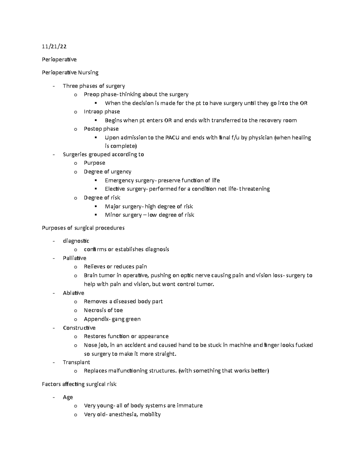 Preop - Fall Nursing 110, Glaser as the instructor - 11/21 ...