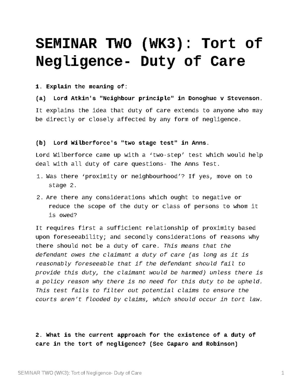 Seminar TWO (WK3) Tort of Negligence- Duty of Care - SEMINAR TWO (WK3 ...