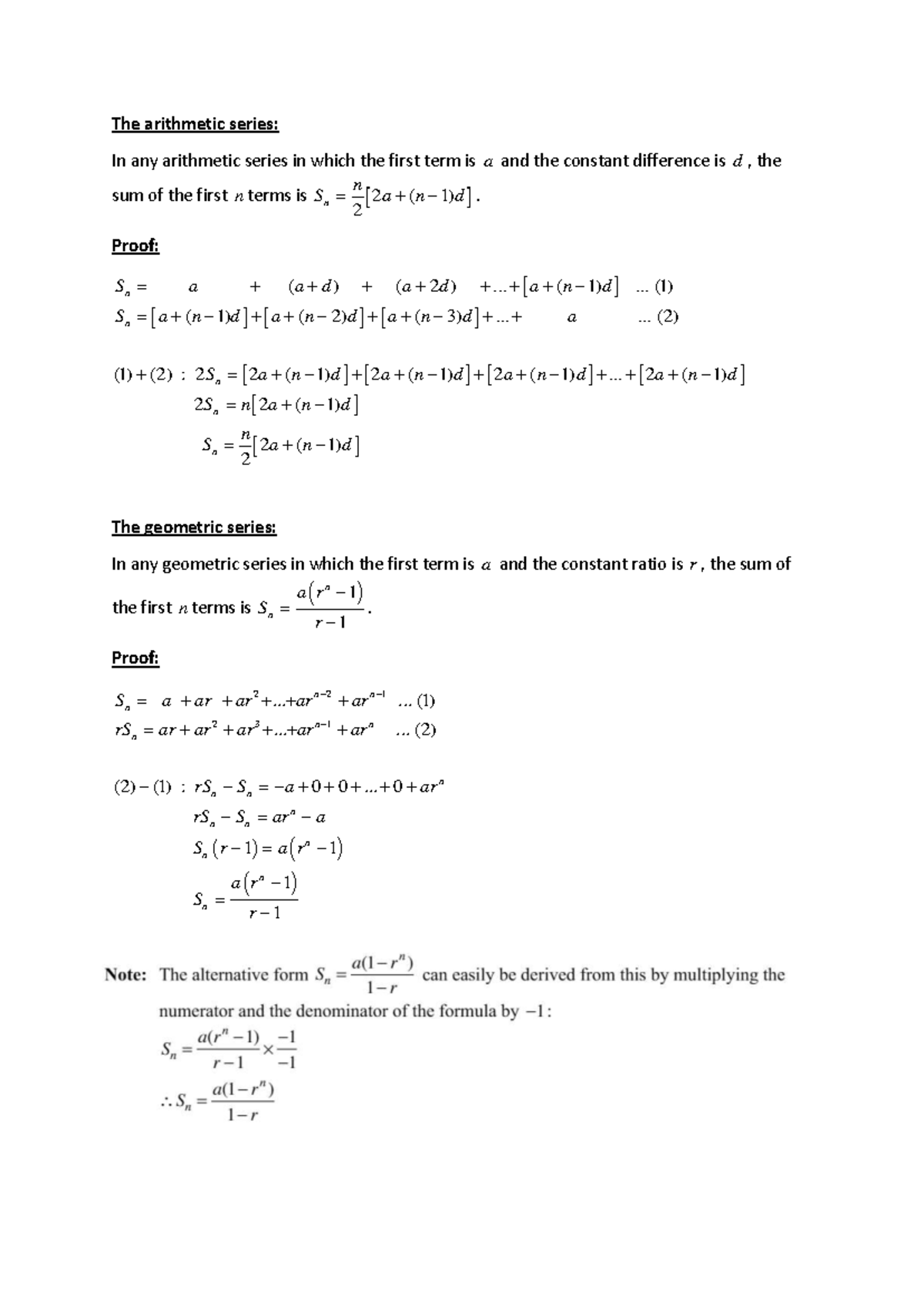 Proofs p1 - The arithmetic series: In any arithmetic series in which ...